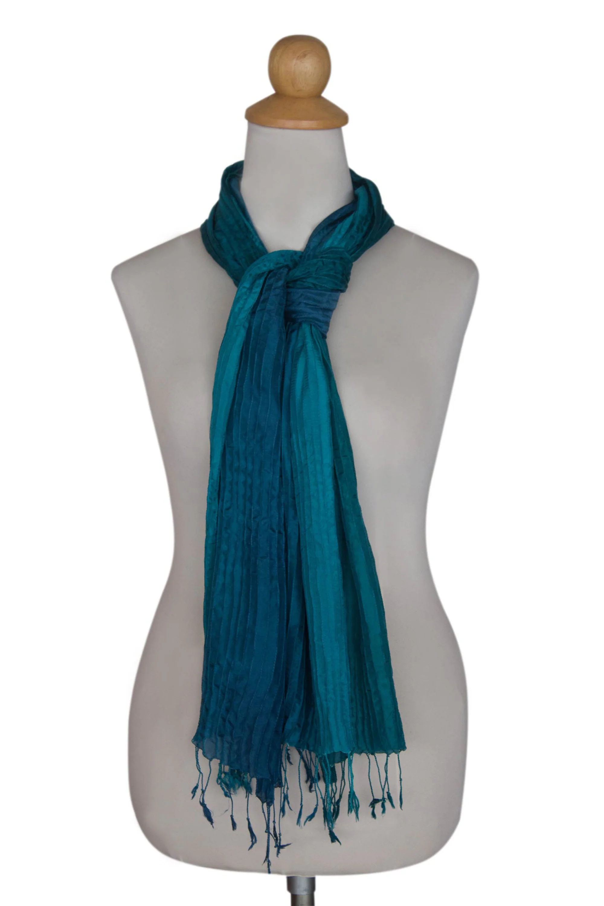Aqua Turquoise Transition Hand Dyed Pin Tuck Silk Scarf - Image 3