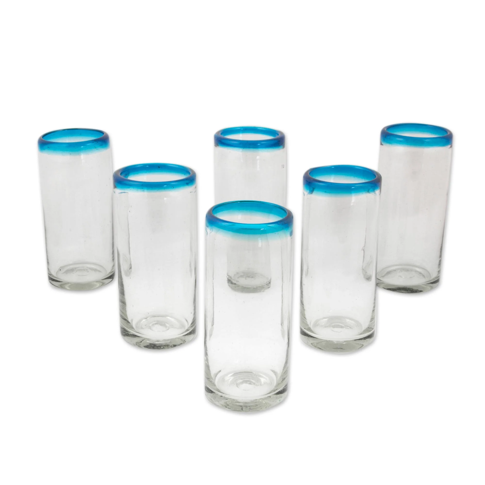 Aquamarine Kiss Set of 6 Aqua Rim Hand Blown Clear 11 oz High Ball Glasses - Image 2
