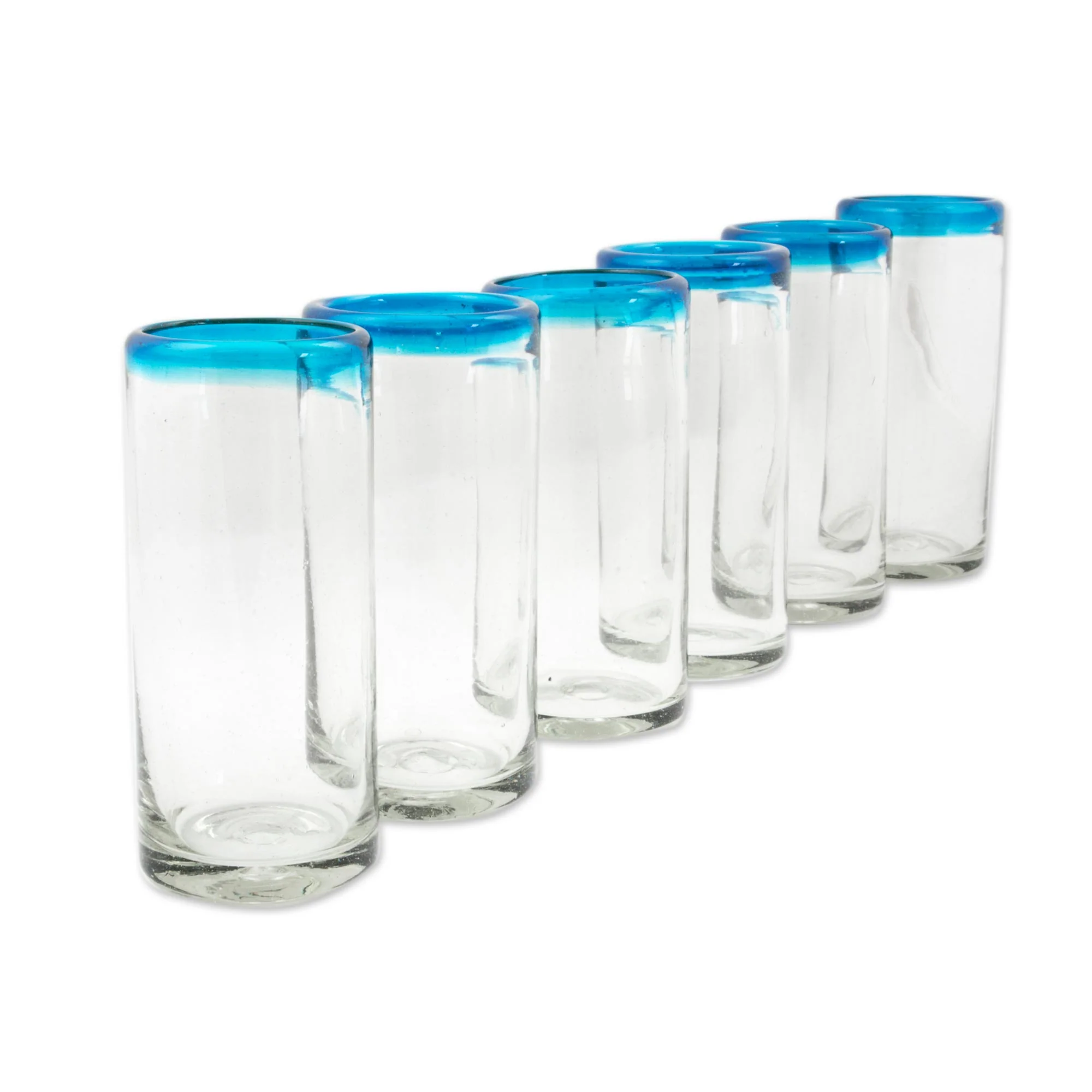 Aquamarine Kiss Set of 6 Aqua Rim Hand Blown Clear 11 oz High Ball Glasses - Image 3