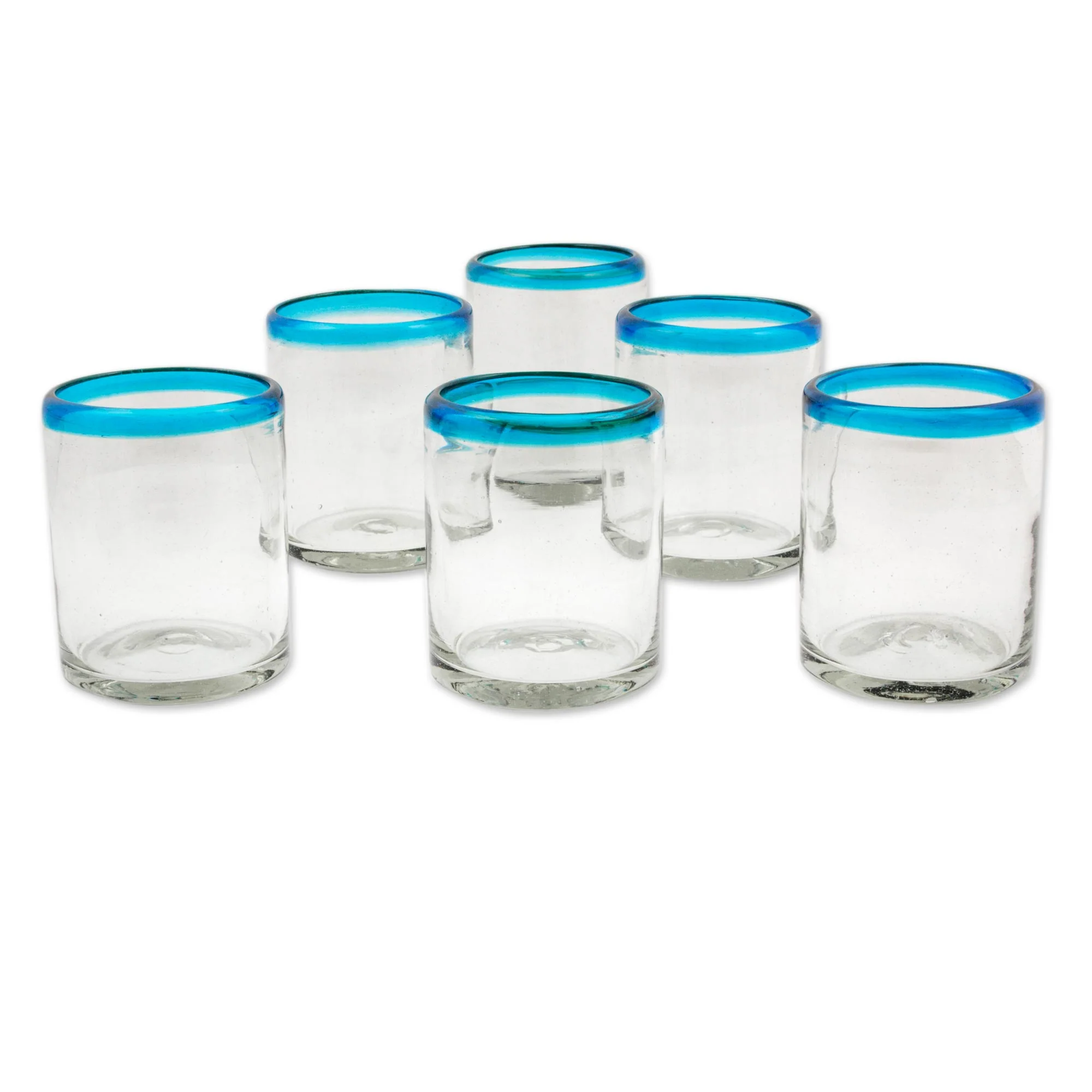 Aquamarine Kiss Set of 6 Clear with Aqua Rim Hand Blown 8 oz Juice Glasses - Image 2