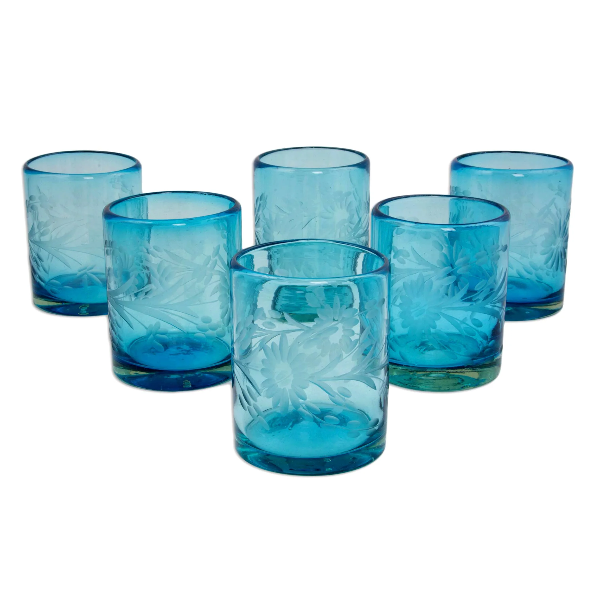 Aquamarine Sunflowers Engraved Pepita Flowers on Hand Blown Rocks Glassed Set of 6 - Image 2