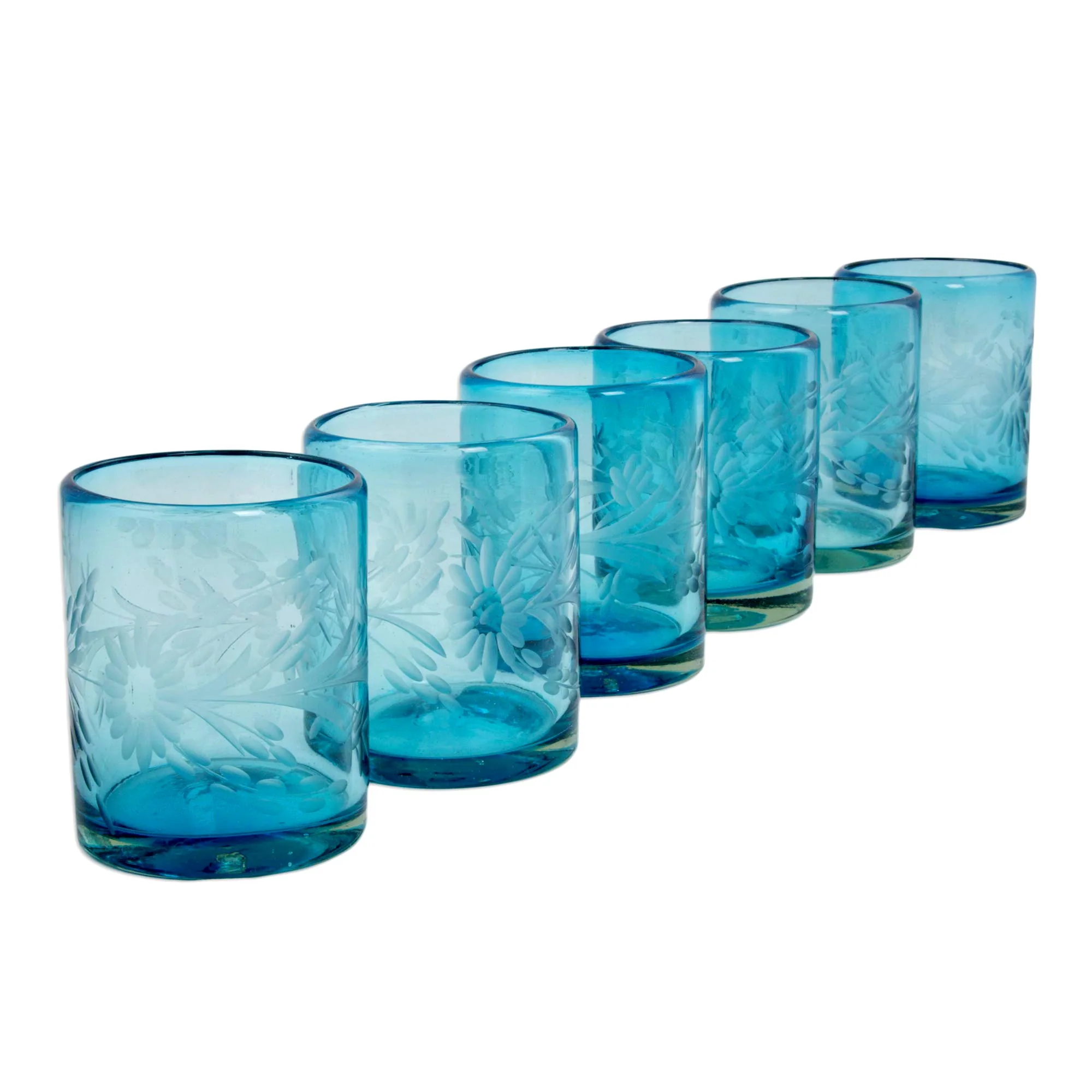 Aquamarine Sunflowers Engraved Pepita Flowers on Hand Blown Rocks Glassed Set of 6 - Image 3