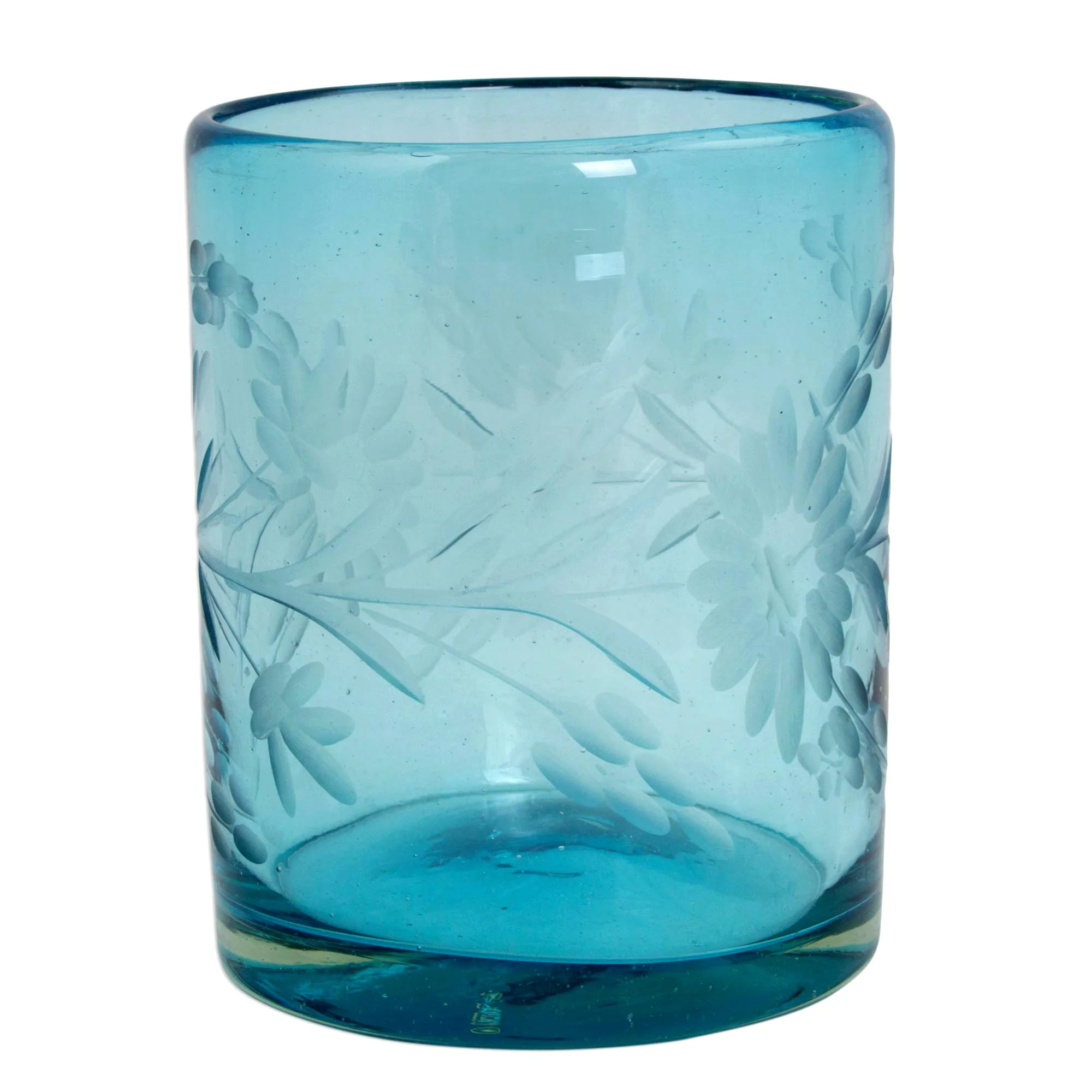 Aquamarine Sunflowers Engraved Pepita Flowers on Hand Blown Rocks Glassed Set of 6 - Image 4