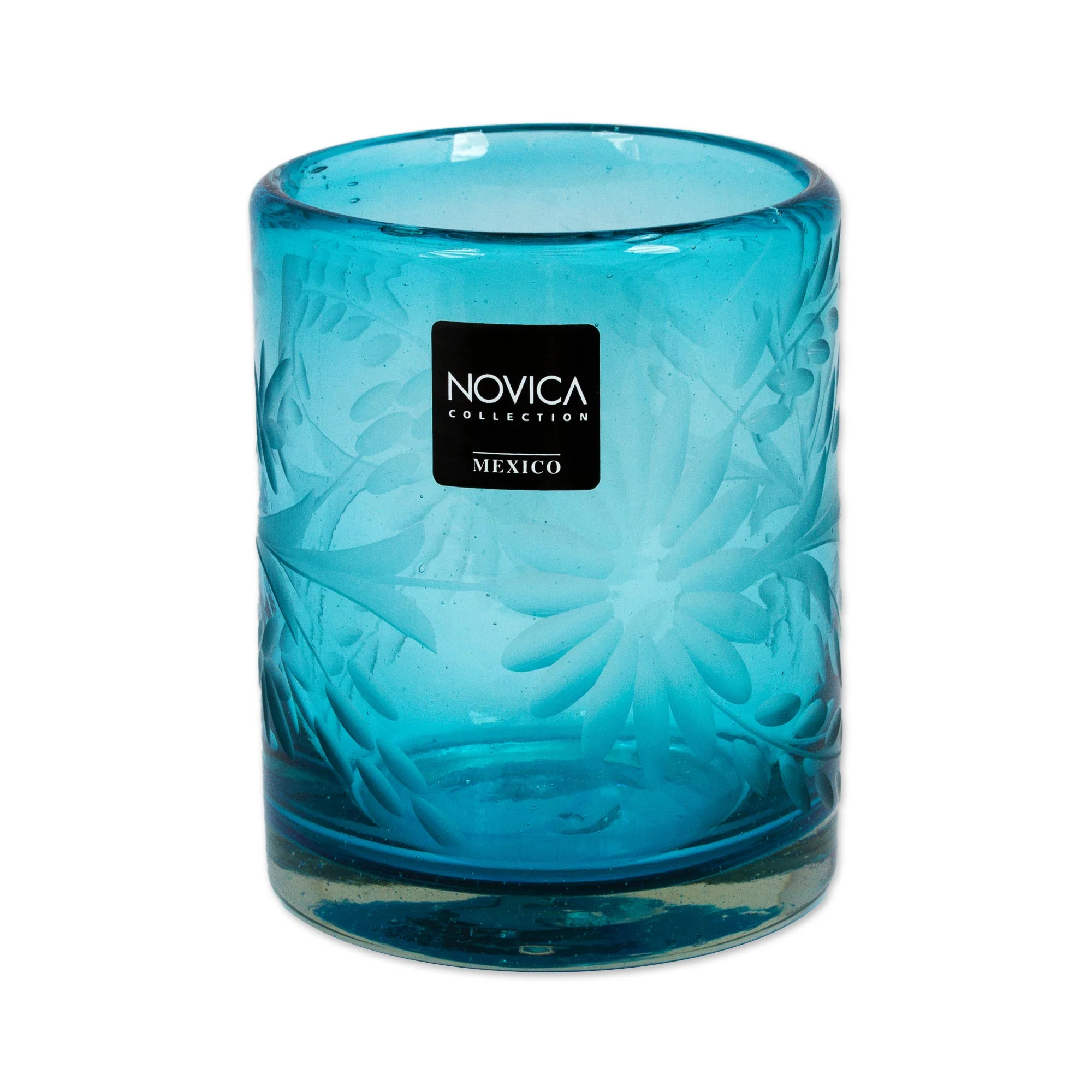 Aquamarine Sunflowers Engraved Pepita Flowers on Hand Blown Rocks Glassed Set of 6 - Image 5