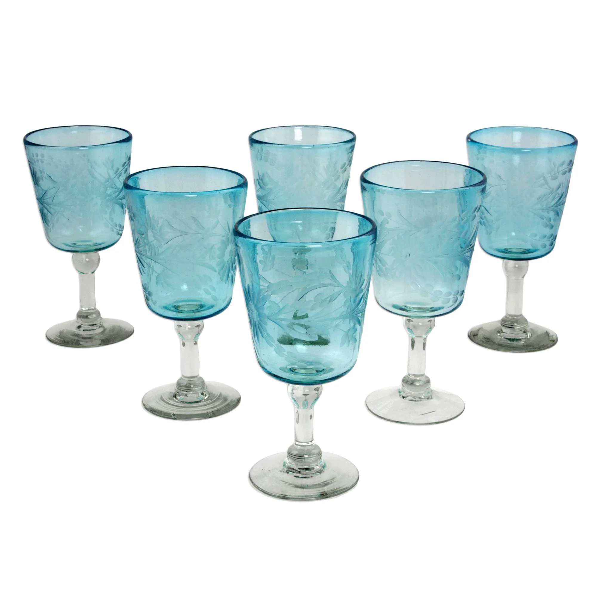 Aquamarine Sunflowers Engraved Pepita Flowers on Hand Blown Wine Glasses Set of 6 - Image 2