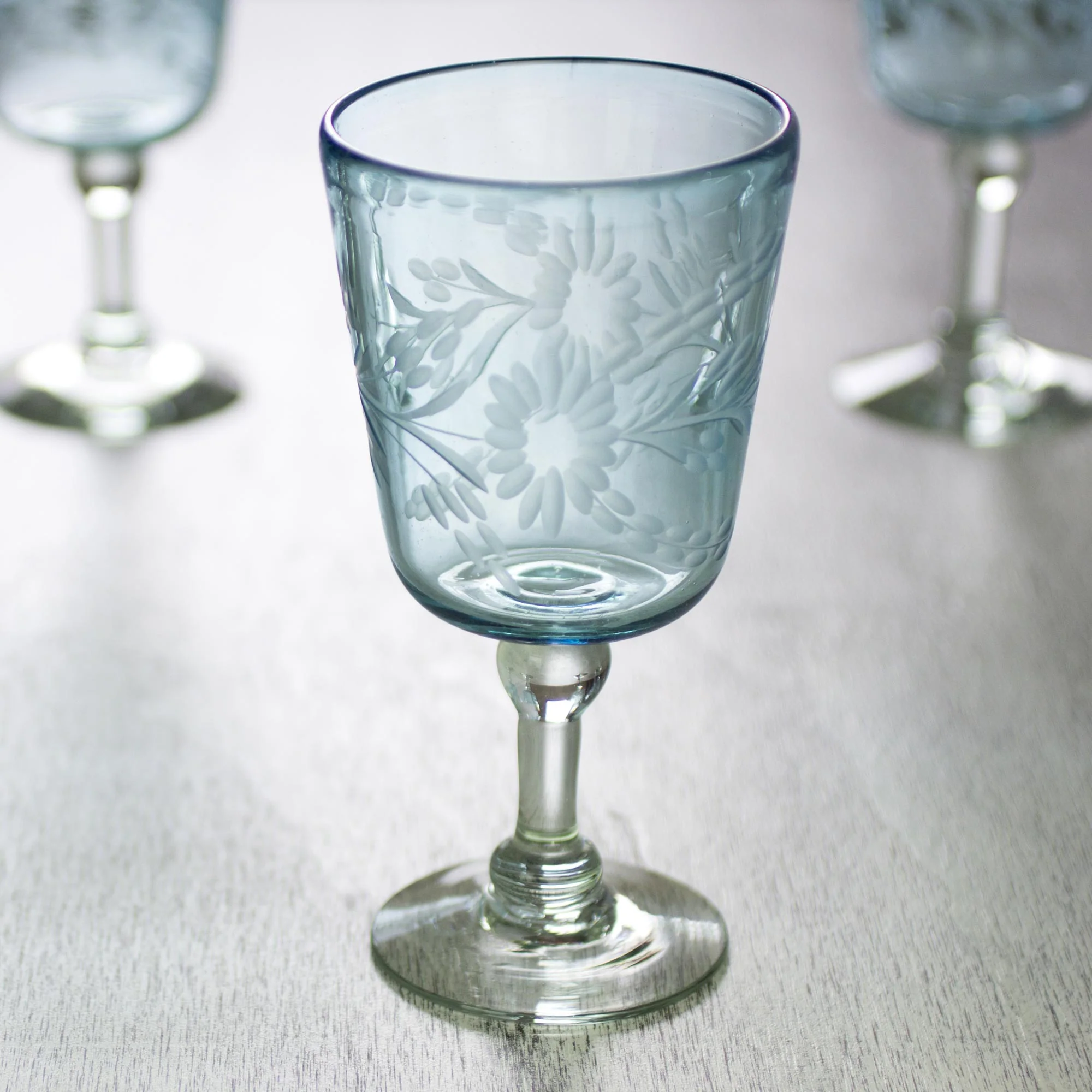 Aquamarine Sunflowers Engraved Pepita Flowers on Hand Blown Wine Glasses Set of 6 - Image 3