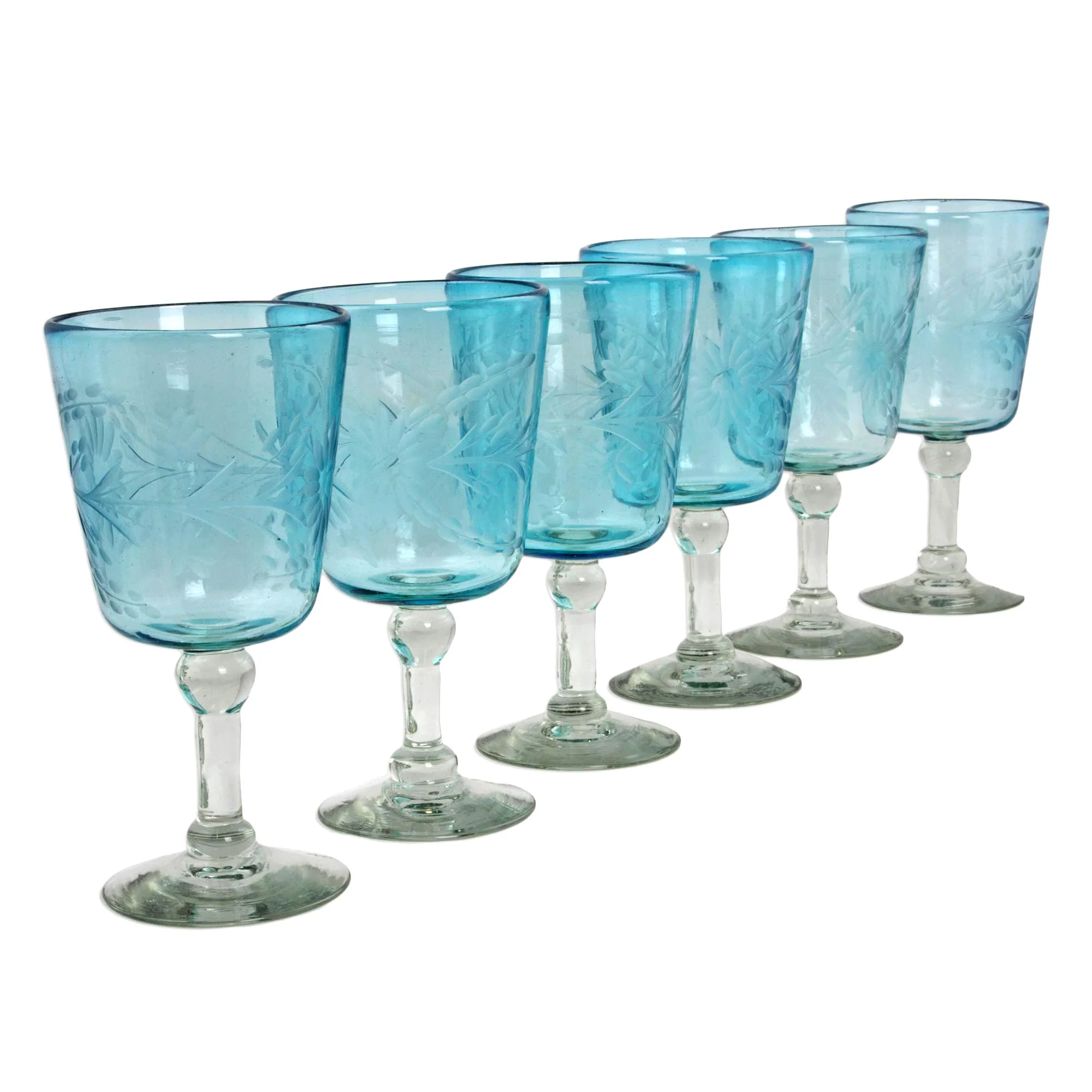 Aquamarine Sunflowers Engraved Pepita Flowers on Hand Blown Wine Glasses Set of 6 - Image 4