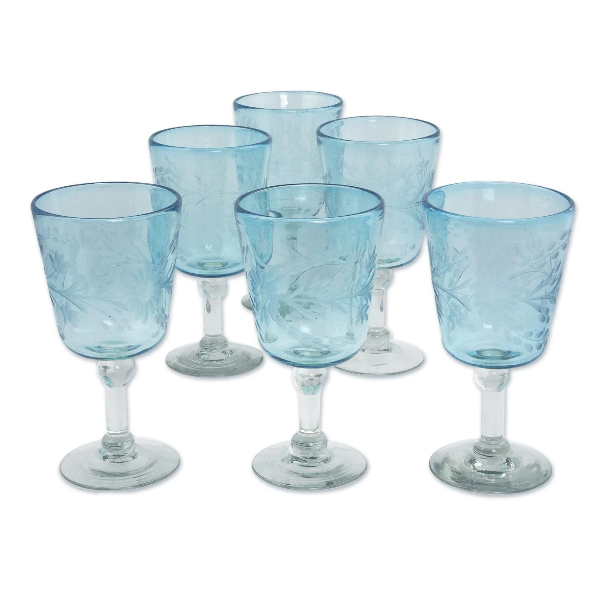 Aquamarine Sunflowers Engraved Pepita Flowers on Hand Blown Wine Glasses Set of 6 - Image 5