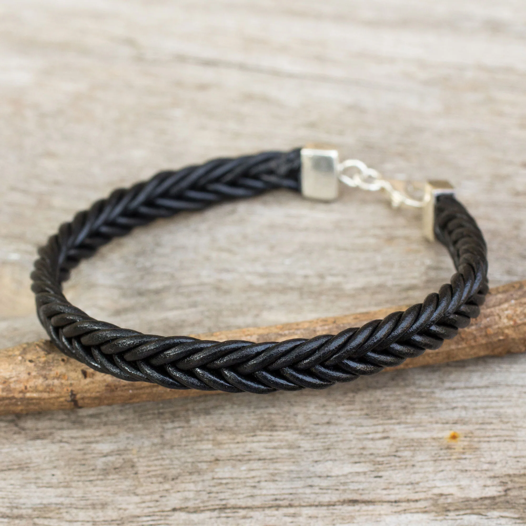 Assertive in Black Thai Black Leather Braided Bracelet with Silver Clasp