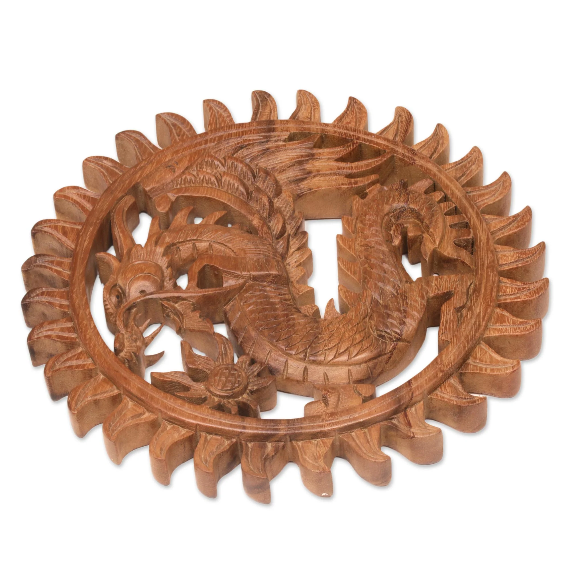 Aura of the Dragon Hand Made Circular Wood Relief Panel of a Balinese Dragon - Image 4