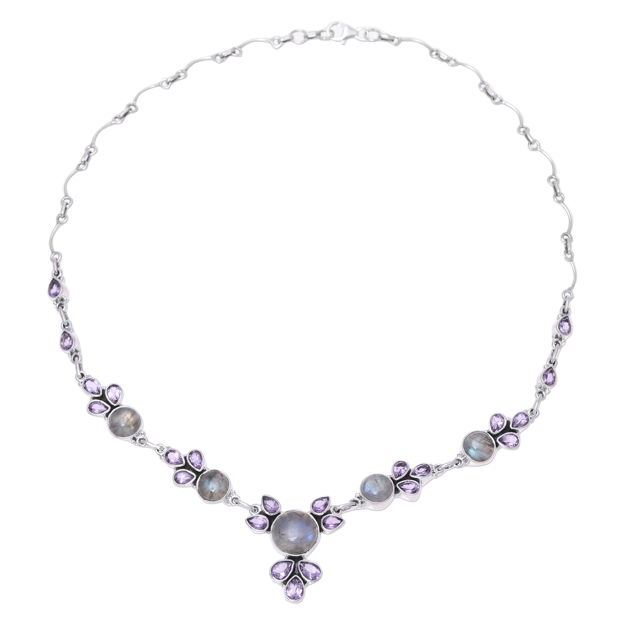 Aurora Blossom Amethyst and Labradorite Pendant Necklace from India - Image 2