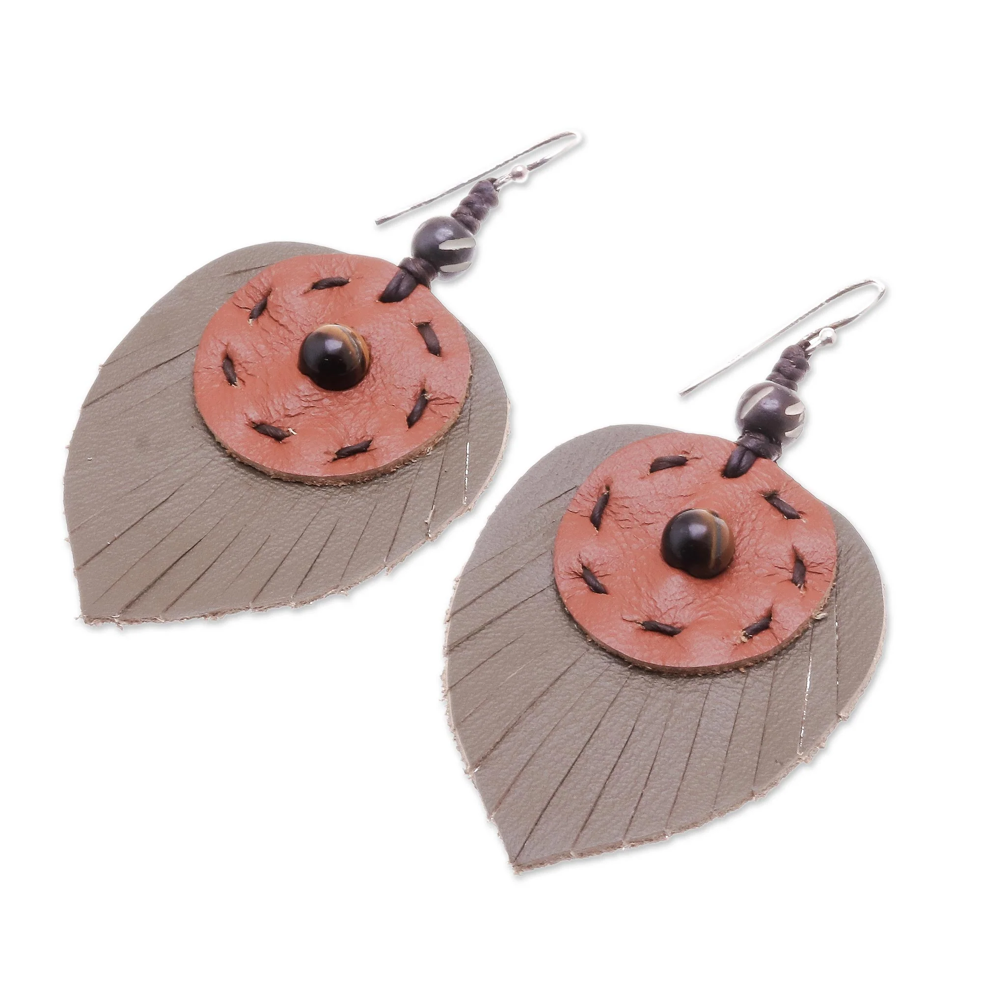 Aurora Leaves Hand Crafted Tiger's Eye and Leather Leaf Dangle Earrings - Image 4