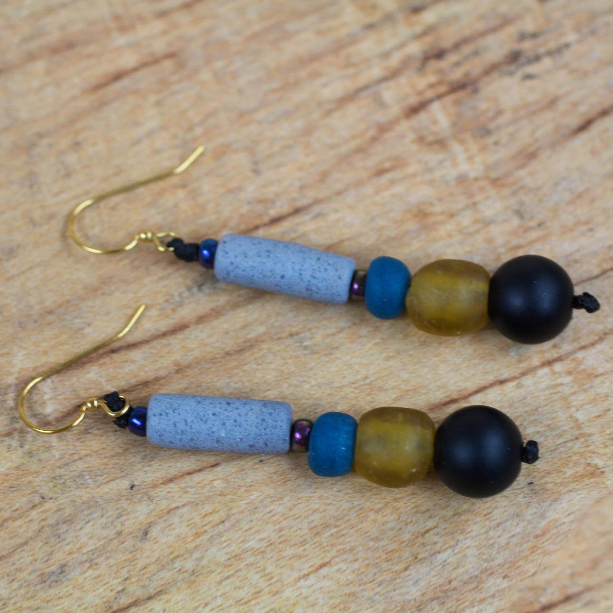 Authentic Ghana Recycled Glass and Plastic Beaded Dangle Earrings - Image 3