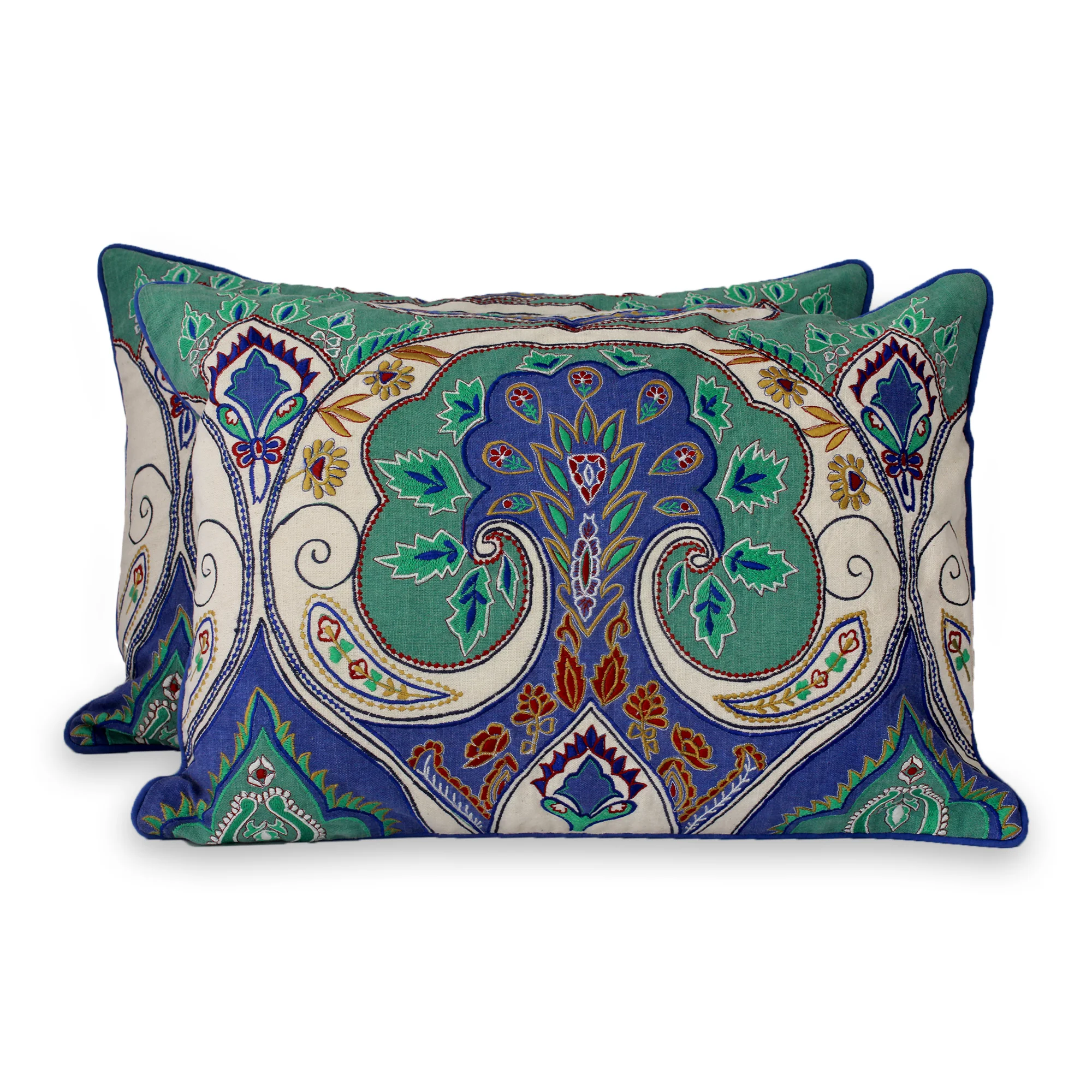 Autumn in Delhi Multicolored Embroidered Cushion Covers from India (pair) - Image 2