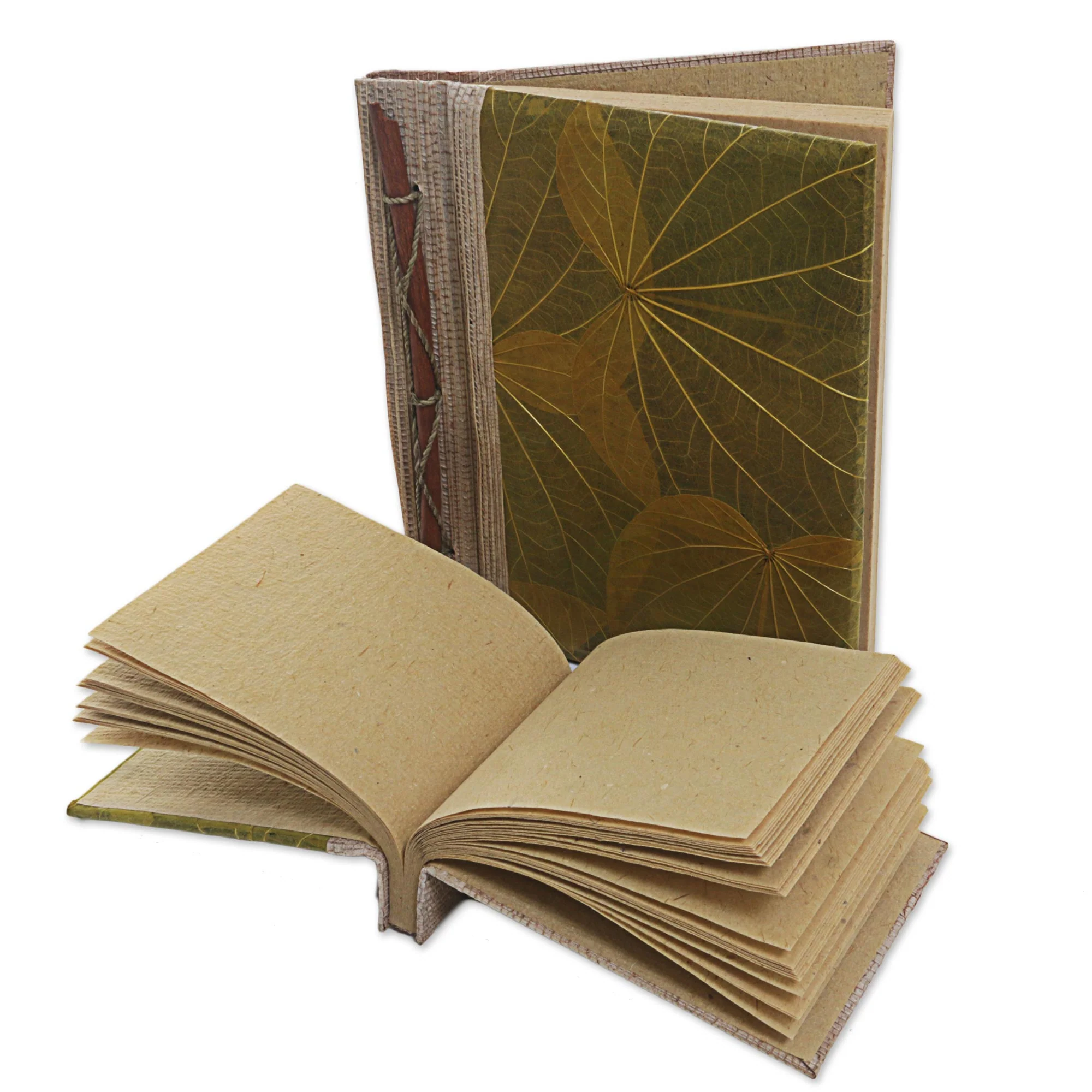 Autumn Spirit in Olive Handcrafted Pair of Rice Paper Notebooks from Indonesia - Image 5