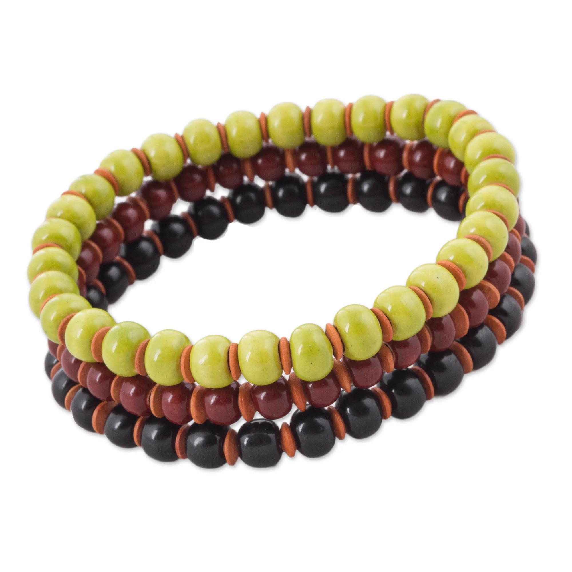 Autumn Spirit Three Ceramic Bracelets in Chartreuse Russet and Black - Image 2