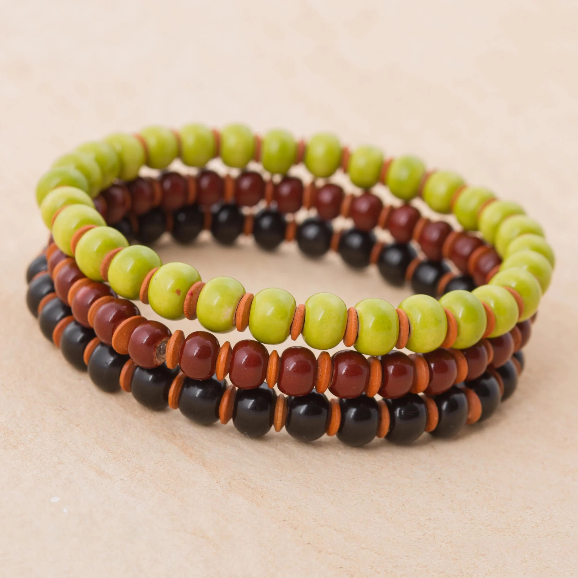 Autumn Spirit Three Ceramic Bracelets in Chartreuse Russet and Black - Image 3