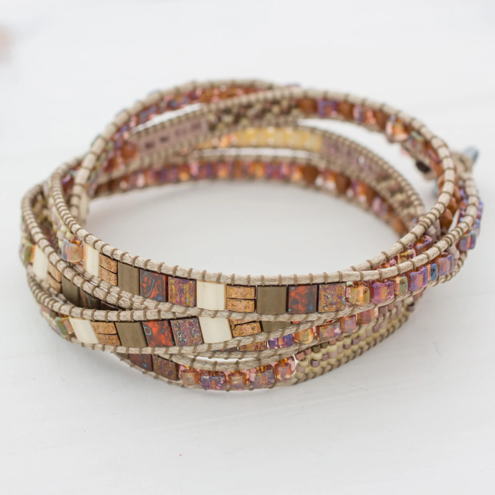 Autumn Sweetness Glass Beaded Wrap Bracelet in Beige from Guatemala - Image 4