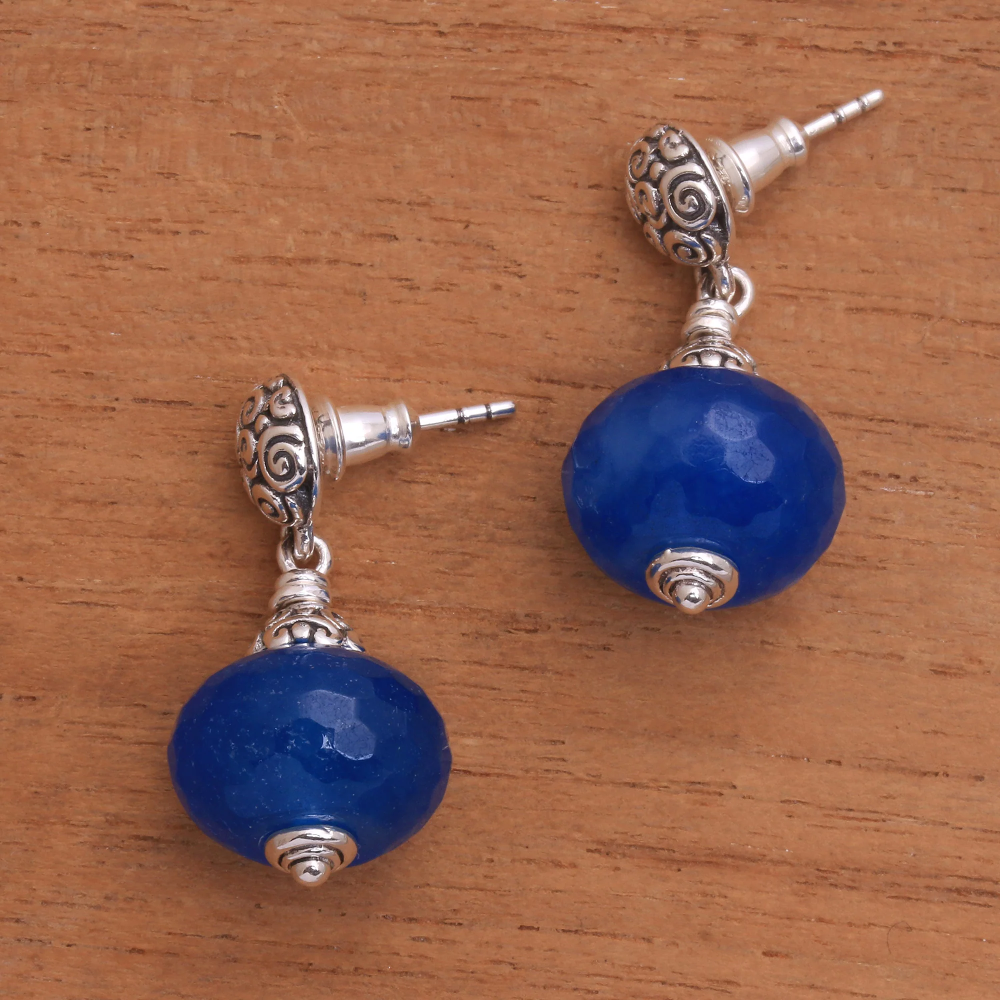 Azure Buddha Blue Chalcedony Dangle Earrings from Bali - Image 3