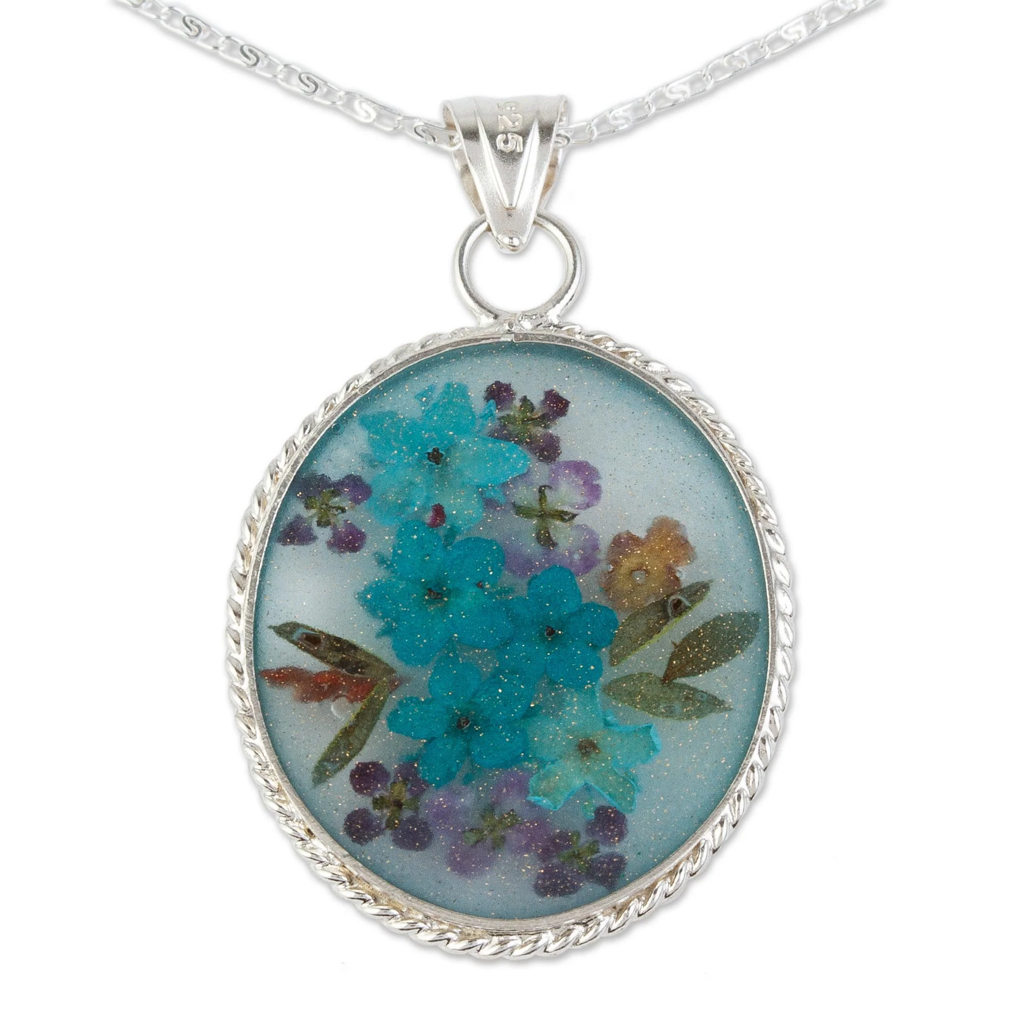 Azure Forever Blue Dried Flower and Resin Silver Necklace from Mexico - Image 3