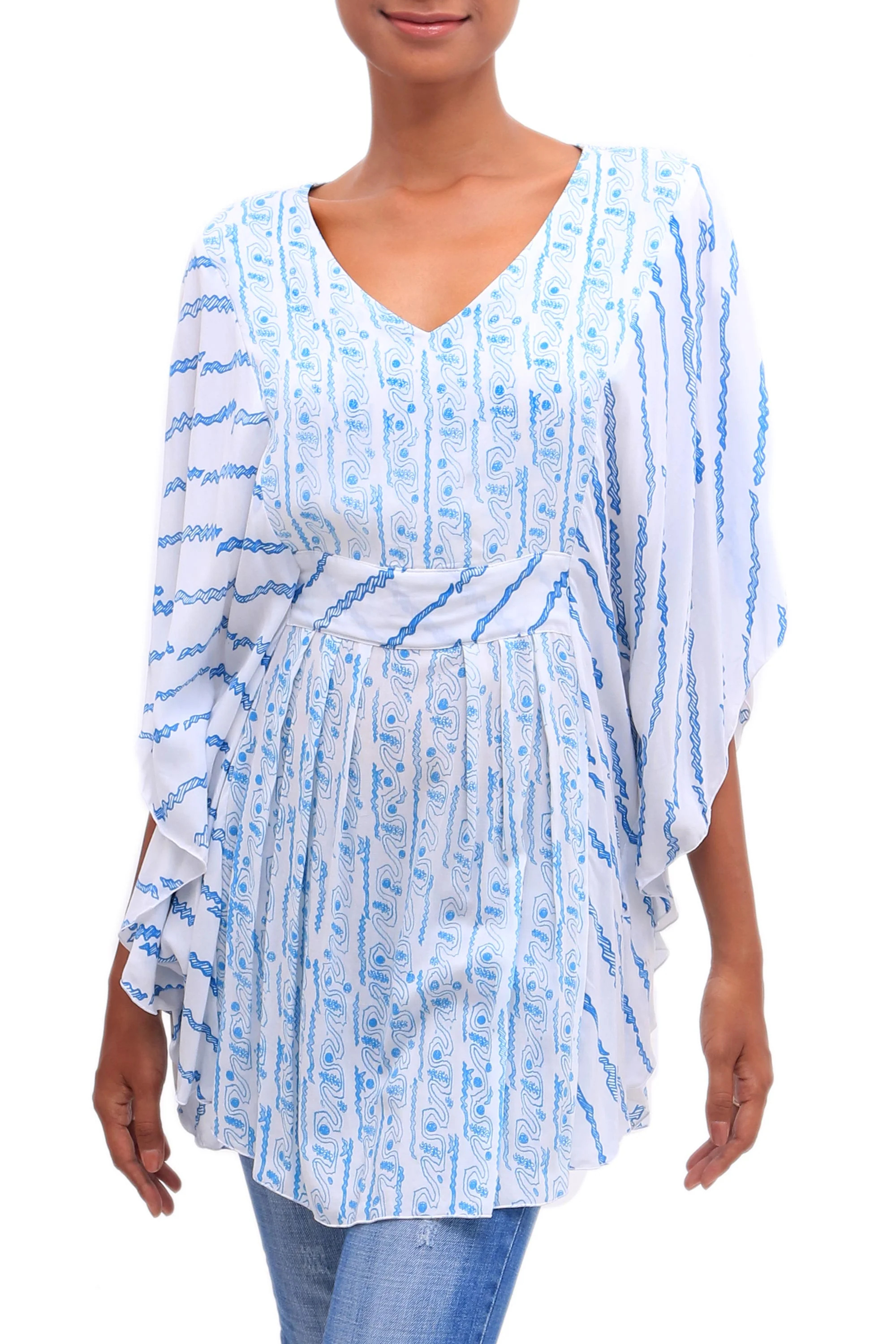 Azure Helix Helix Motif Rayon Blouse in Azure from Bali - Image 5