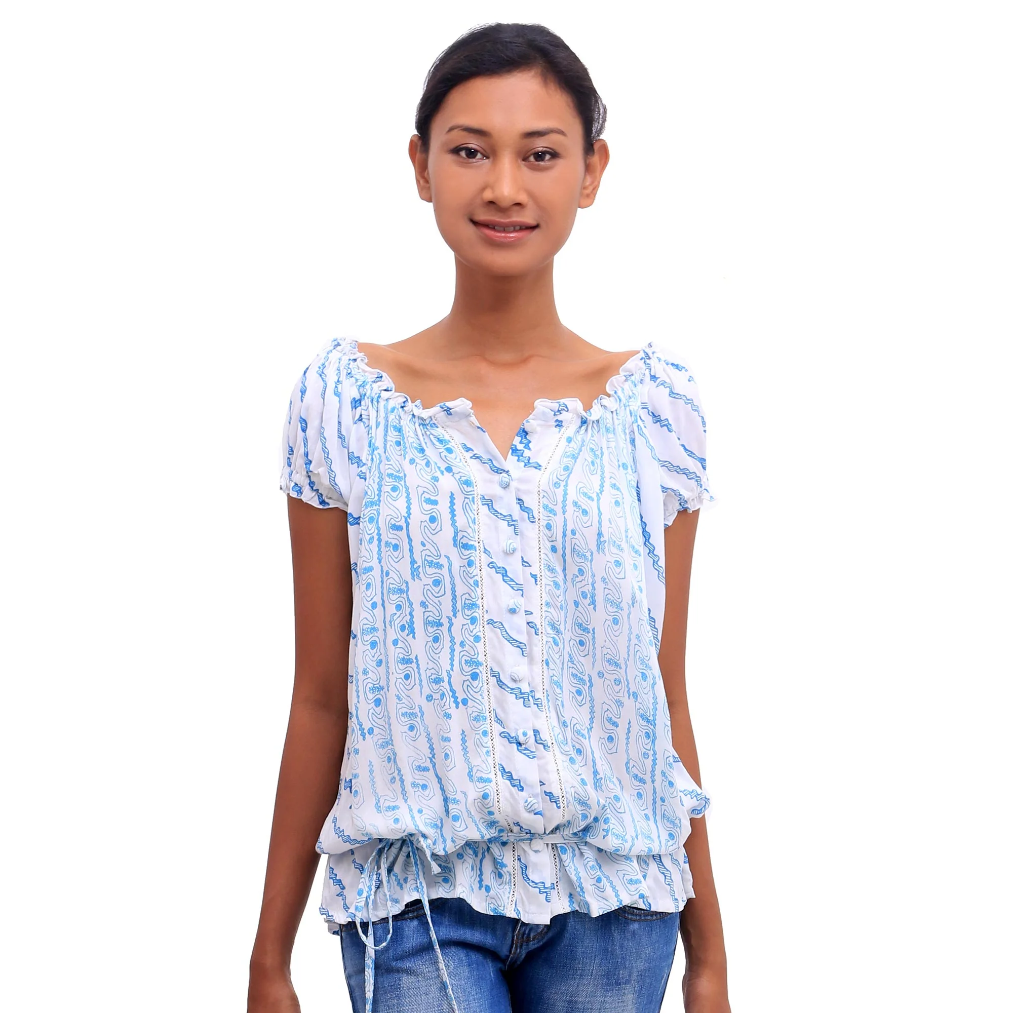 Azure Helix Helix Motif Rayon Off-The-Shoulder Blouse from Bali - Image 2