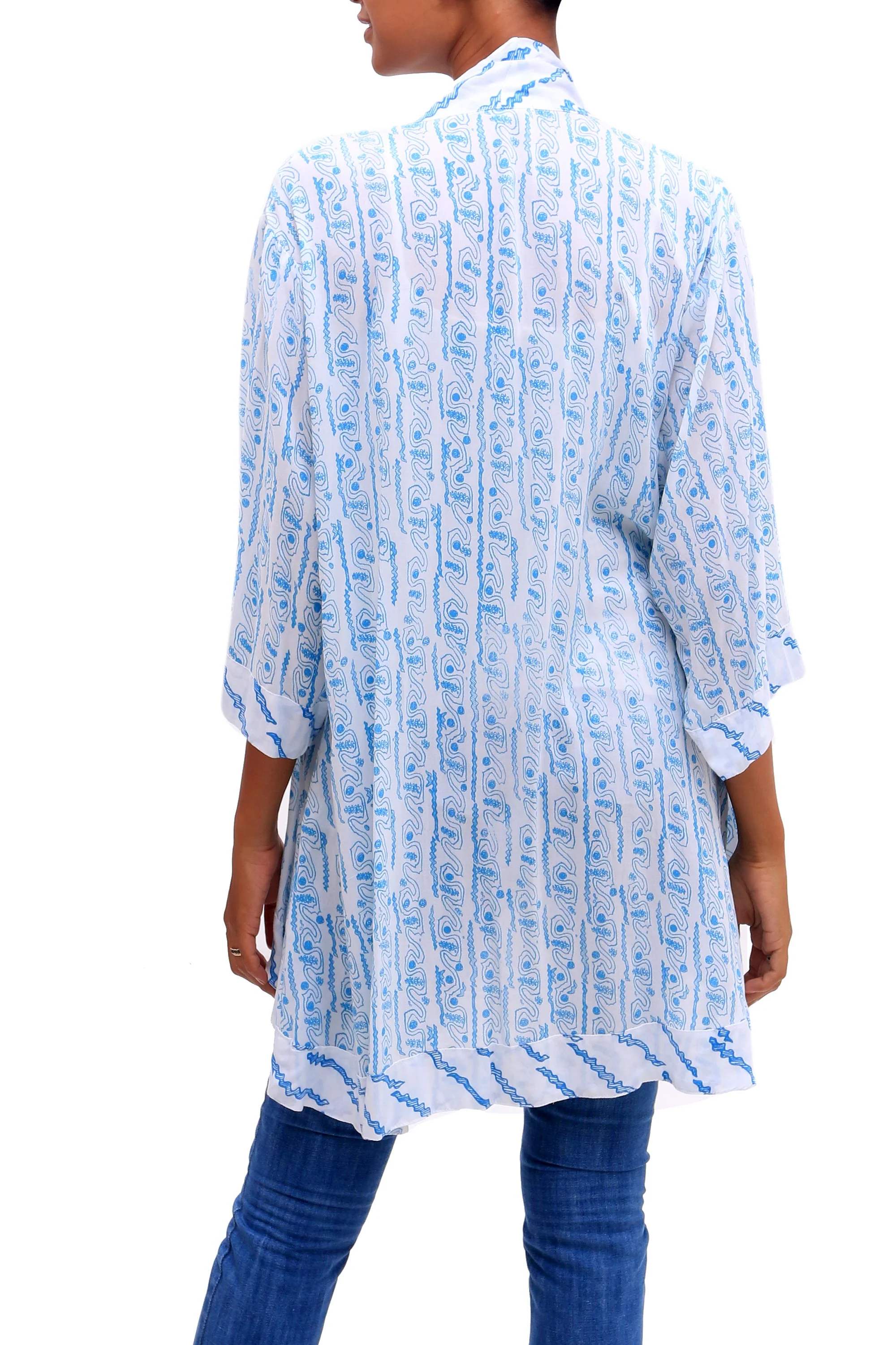 Azure Helix Printed Rayon Kimono in Azure from Bali - Image 4