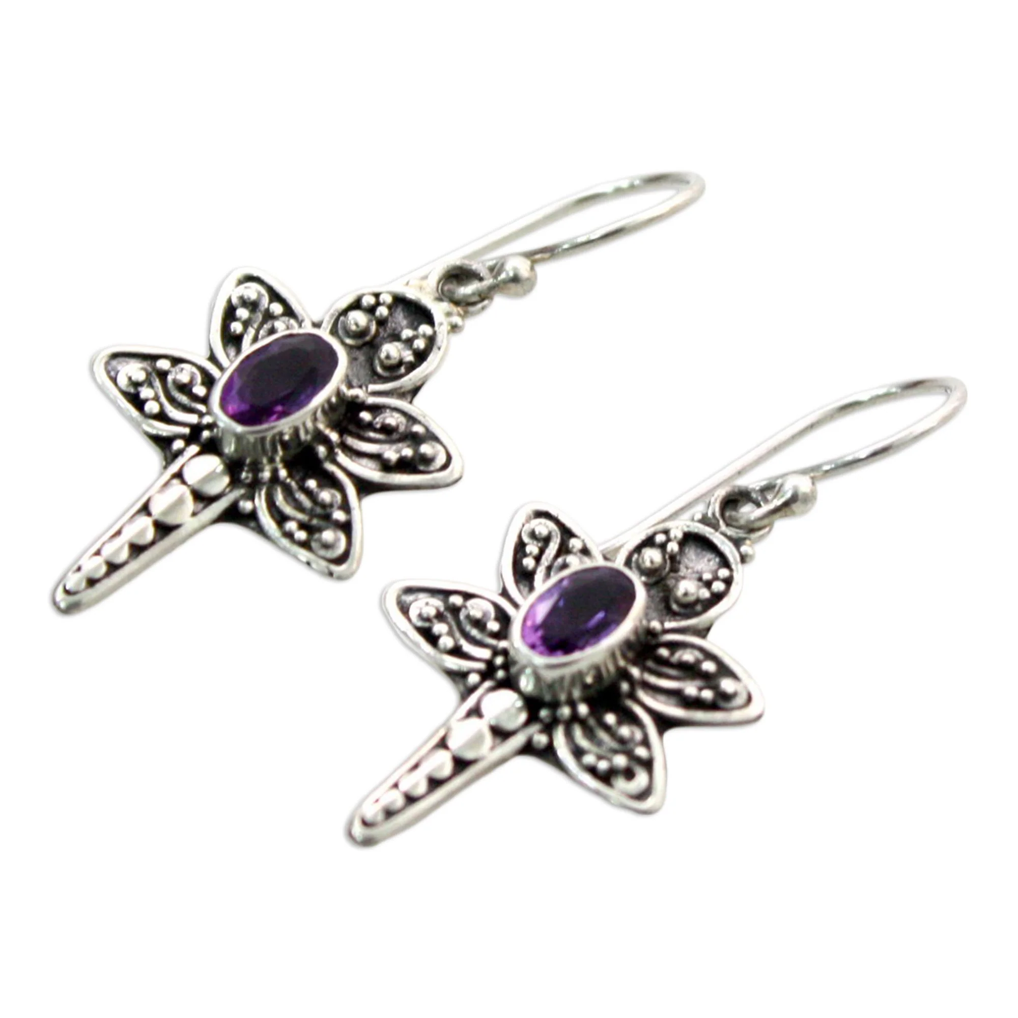 Baby Dragonfly Amethyst & Silver Dangle Earrings - Image 3