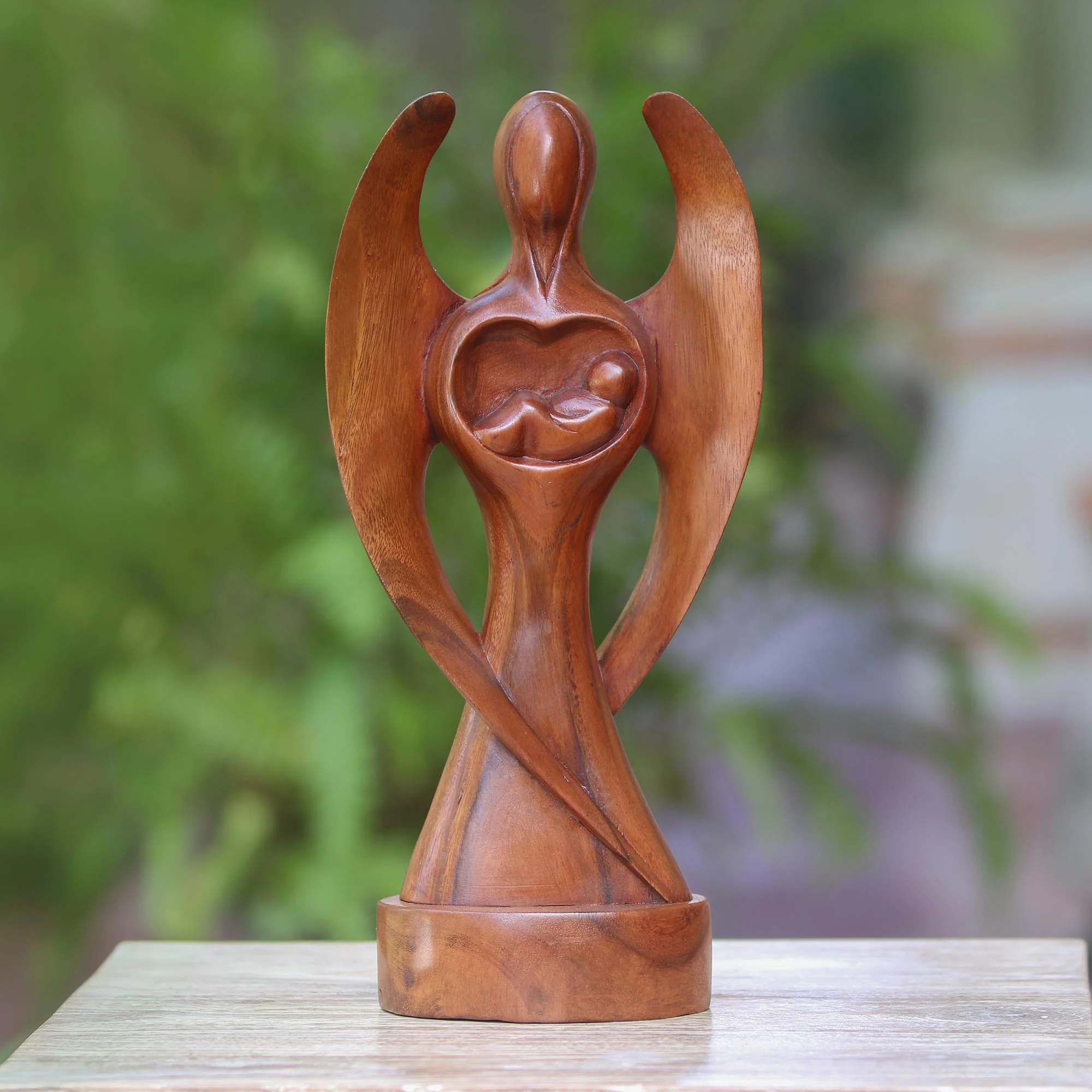 Baby Guardian Hand-Carved Suar Wood Baby Guardian Angel Sculpture - Image 3