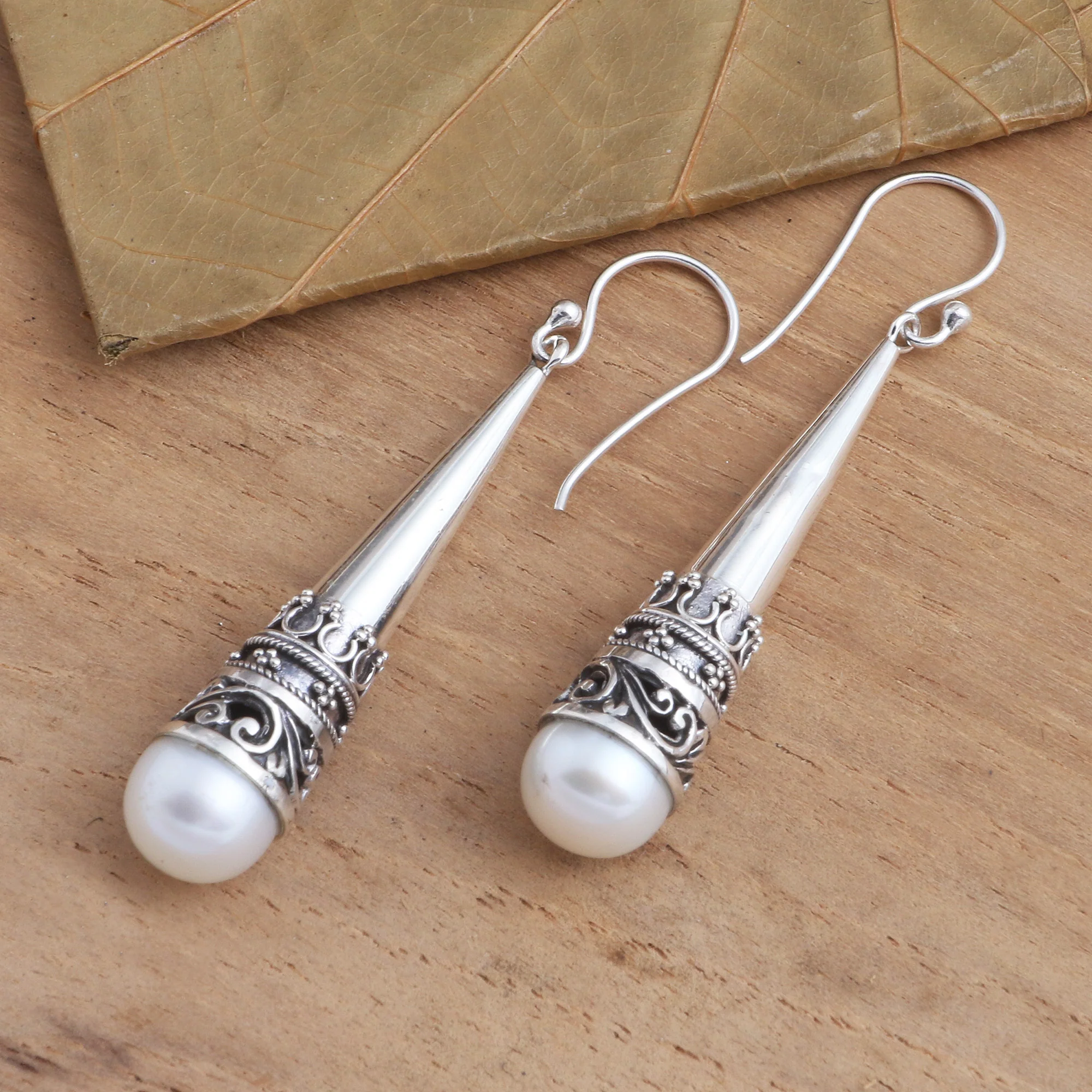 Bali Cornet Sterling Silver Cone Dangle Earrings with Cultured Pearl - Image 3