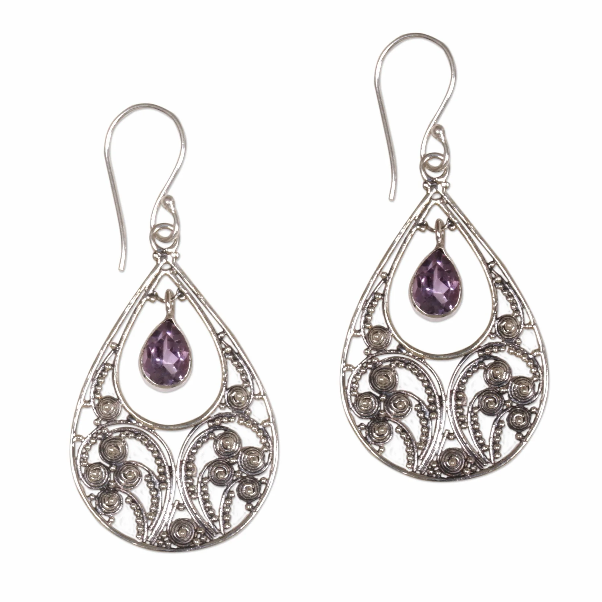 Bali Crest Amethyst and Sterling Silver Dangle Earrings - Image 2