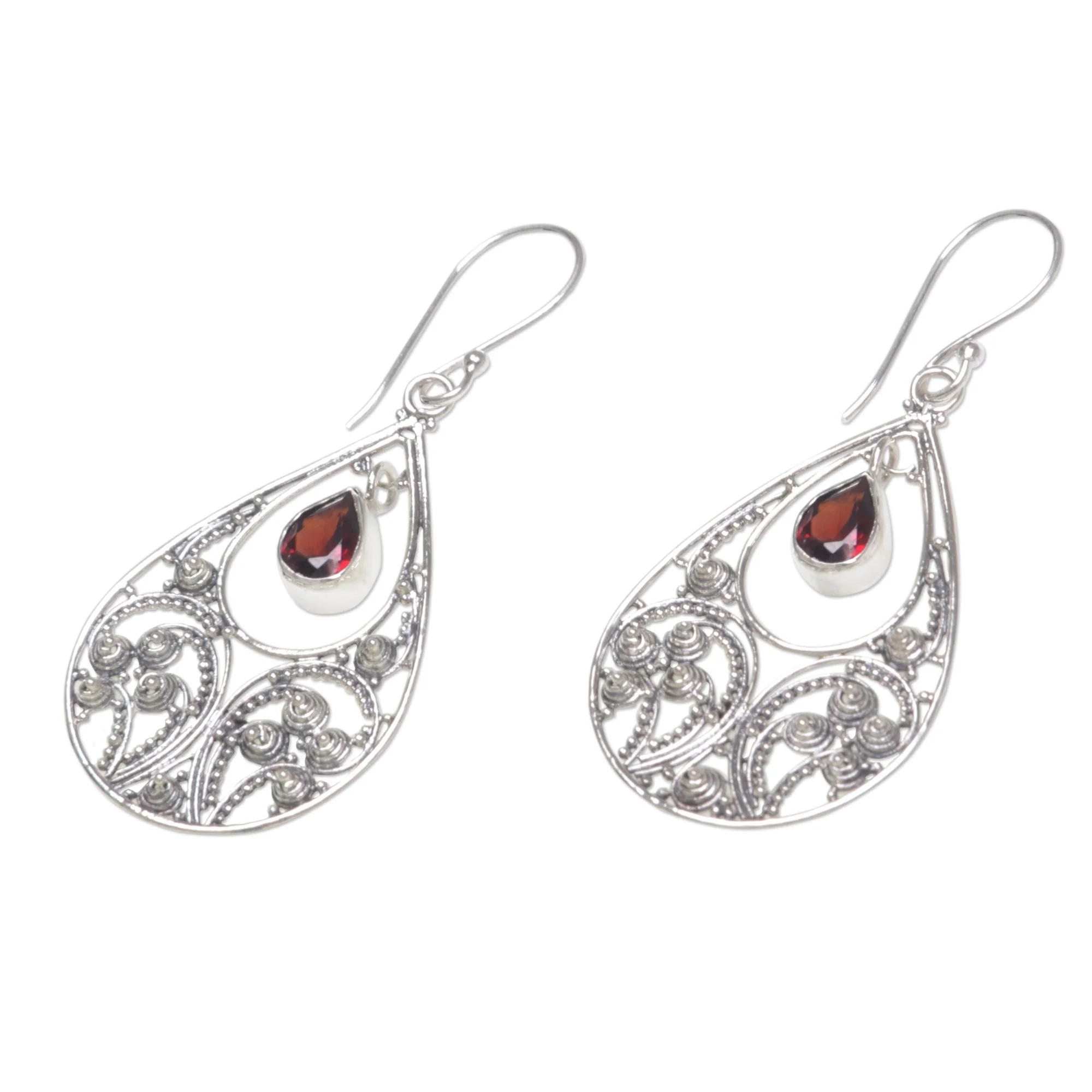 Bali Crest Garnet & Silver Dangle Earrings - Image 3