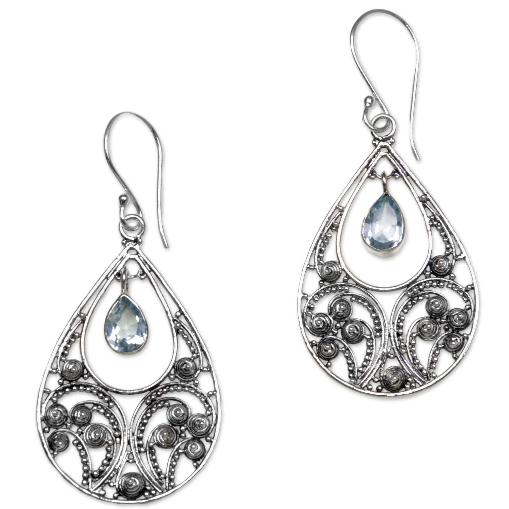 Bali Crest Sterling Silver and Blue Topaz Dangle Earrings - Image 2