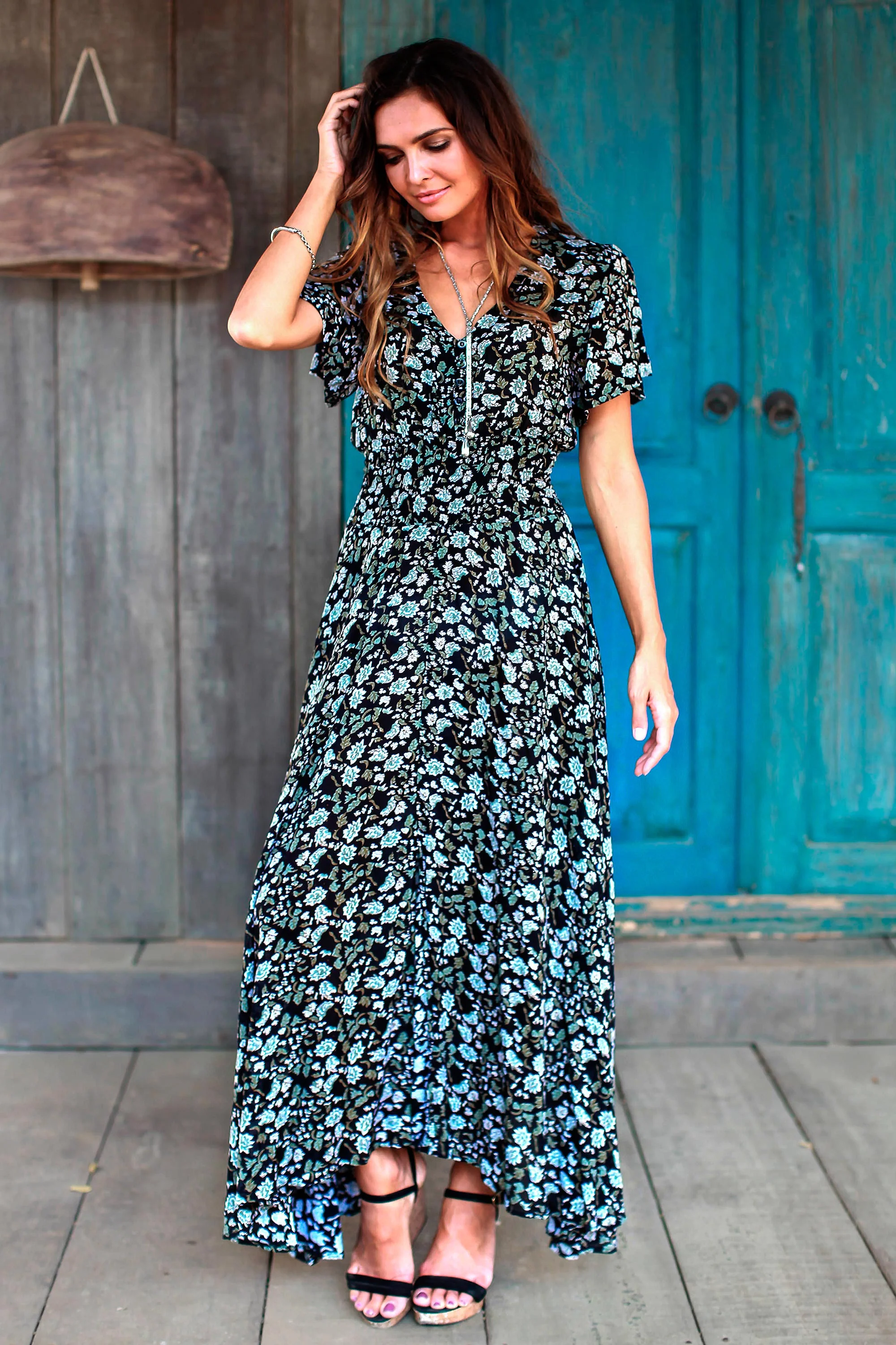 Bali Garden Short Sleeve White and Olive Floral on Black Rayon Dress - Image 3