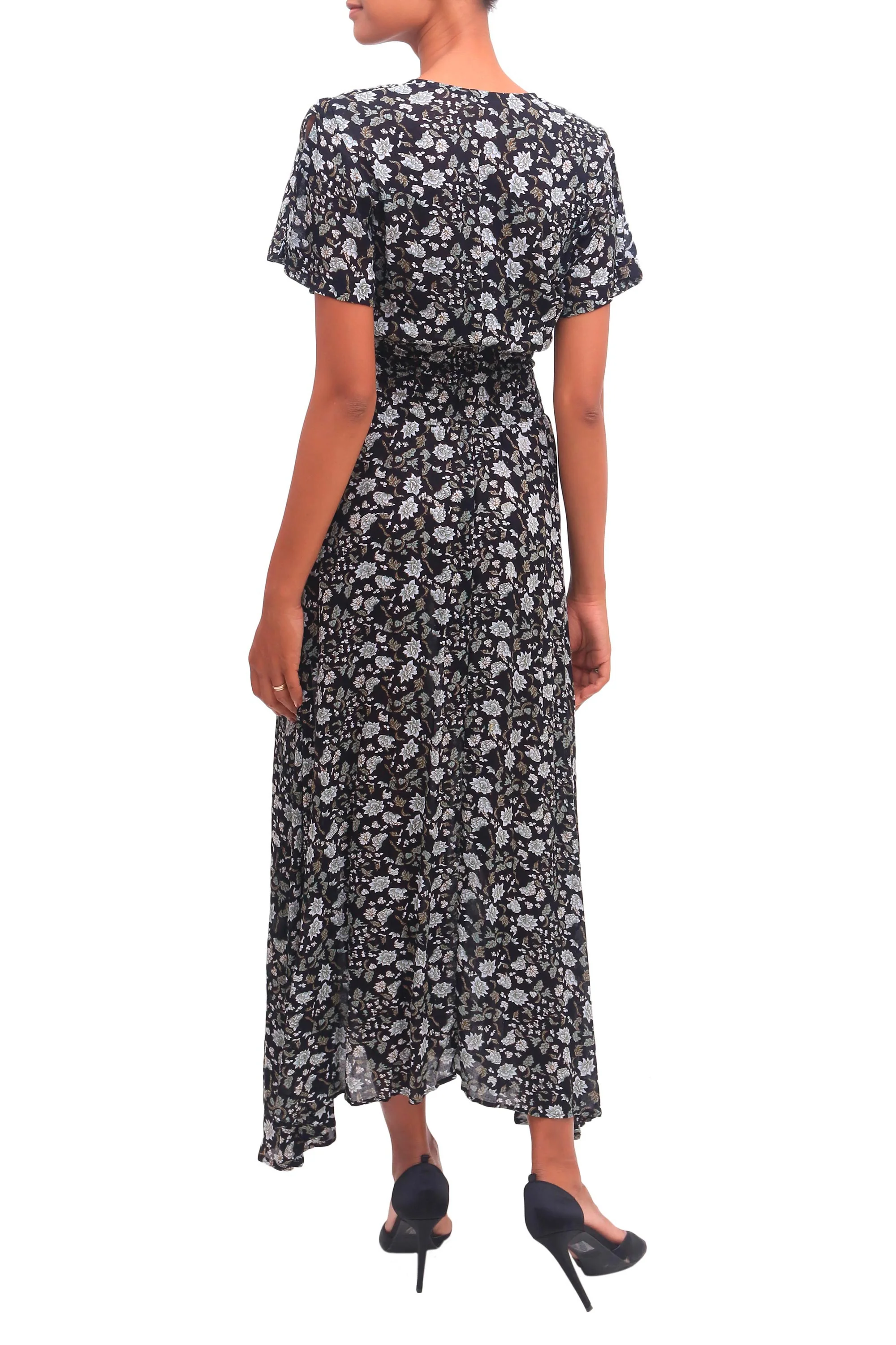 Bali Garden Short Sleeve White and Olive Floral on Black Rayon Dress - Image 5