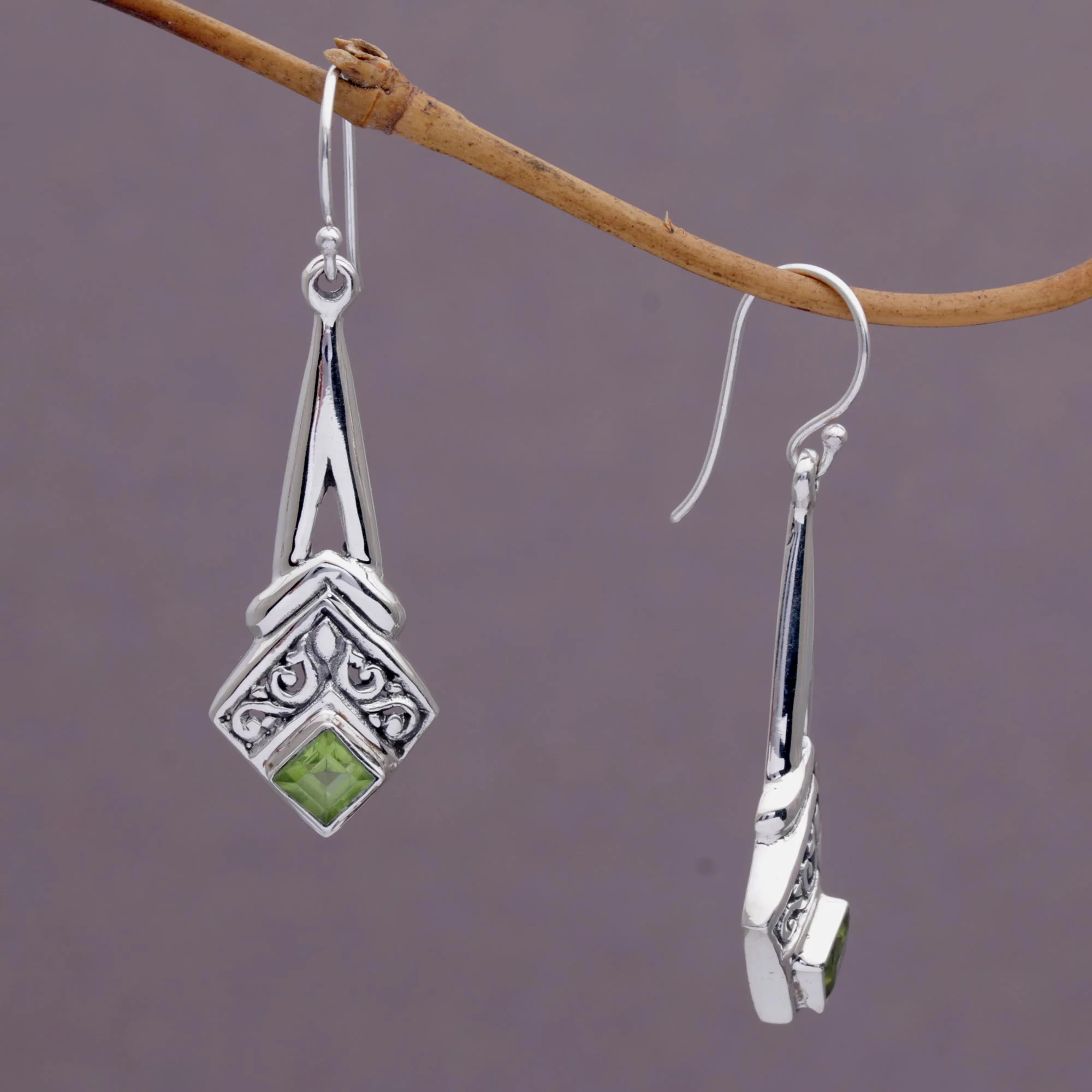 Bali Gleam Peridot and Sterling Silver Dangle Earrings from Indonesia - Image 3