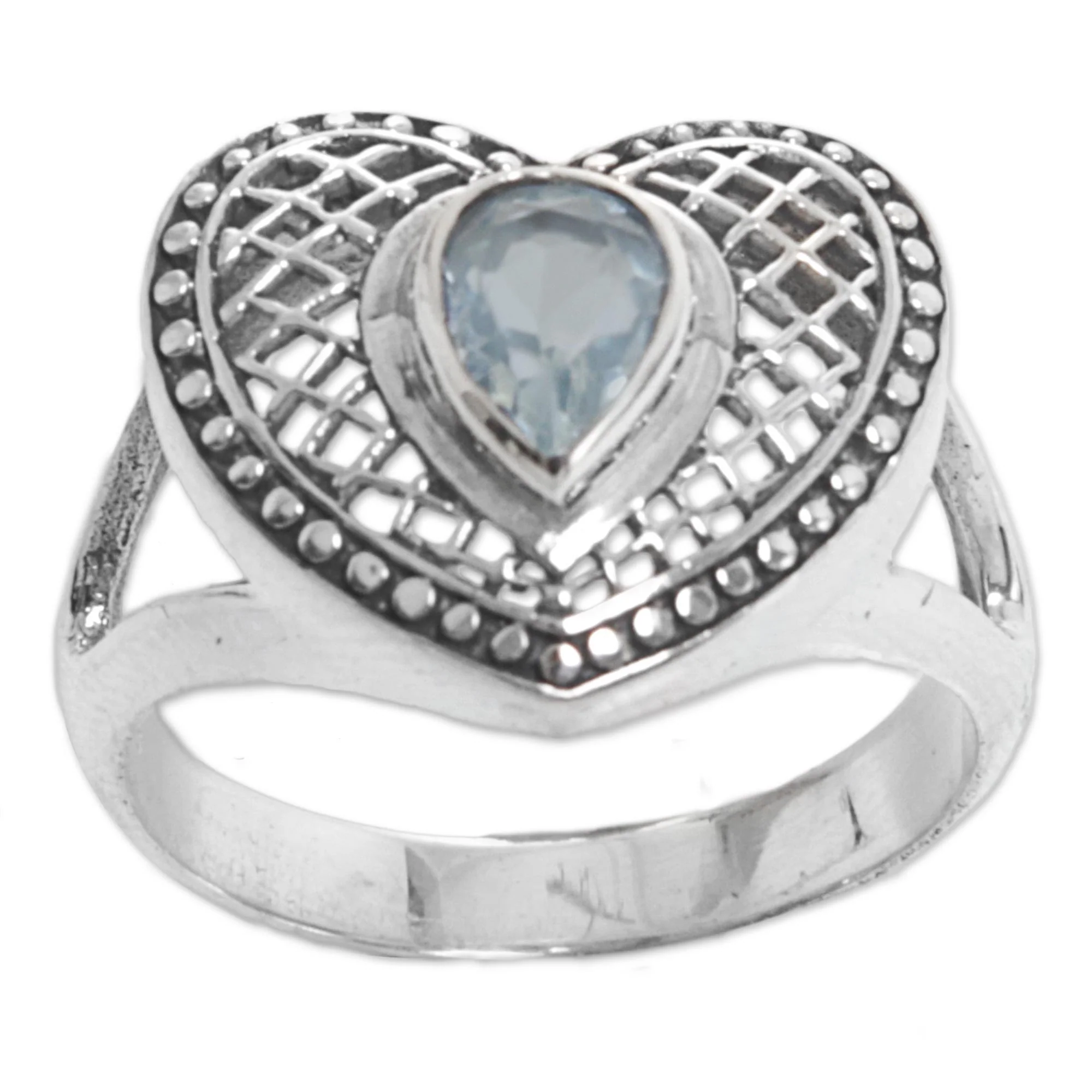 Bali Heart in Blue Sterling Silver Blue Topaz Heart Cocktail Ring Indonesia - Image 2