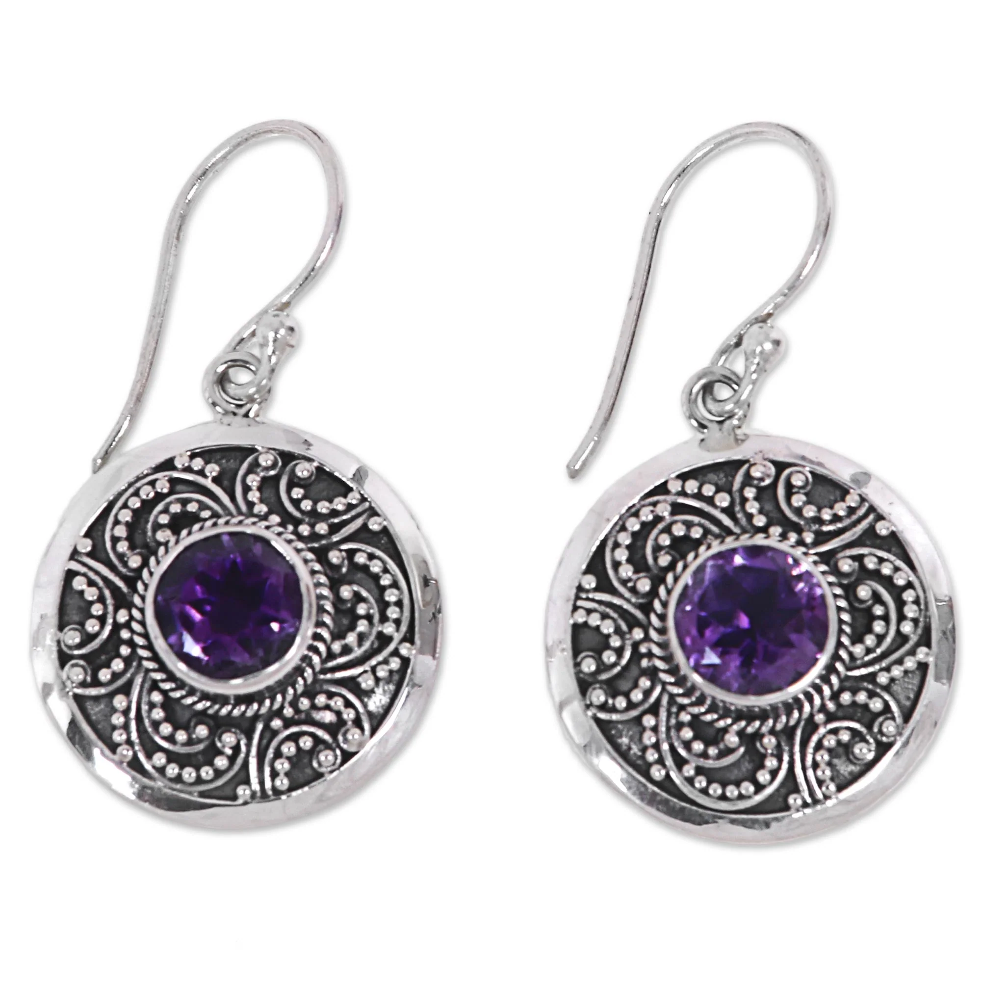 Balinese Aura Amethyst & Silver Dangle Earrings - Image 2