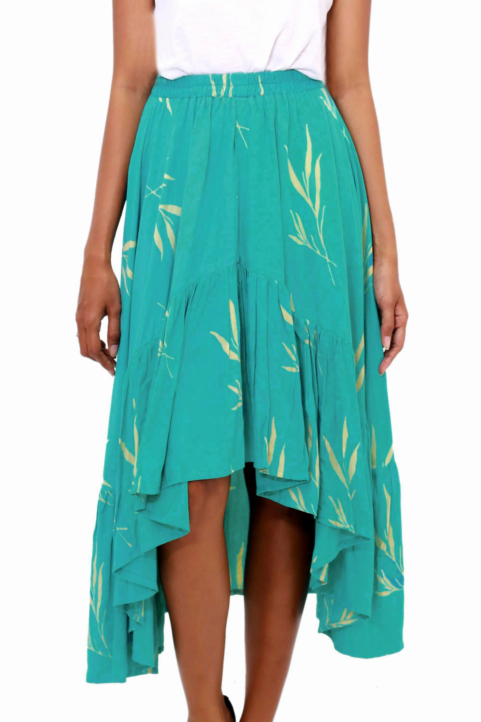 Balinese Breeze in Turquoise Batik Rayon Skirt in Turquoise and Lemon from Bali - Image 2