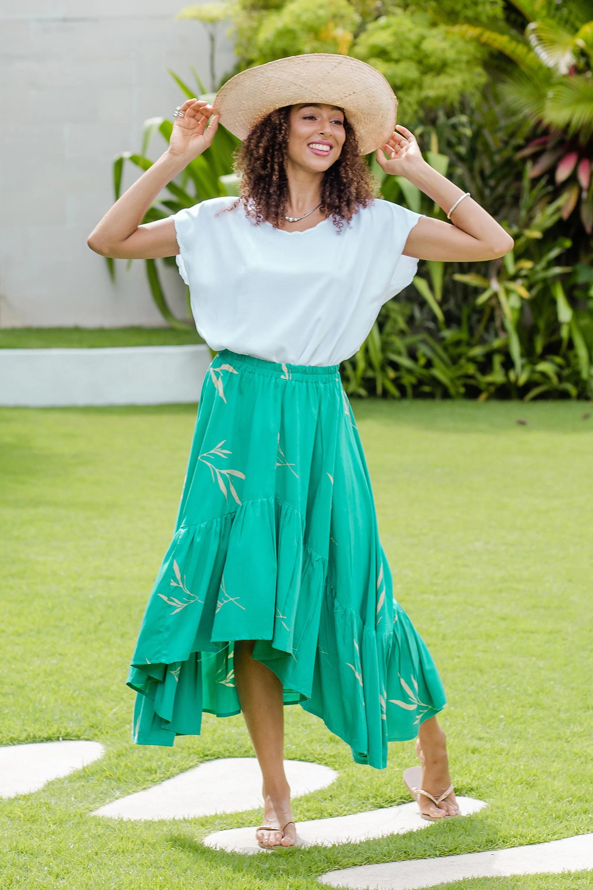 Balinese Breeze in Turquoise Batik Rayon Skirt in Turquoise and Lemon from Bali - Image 5