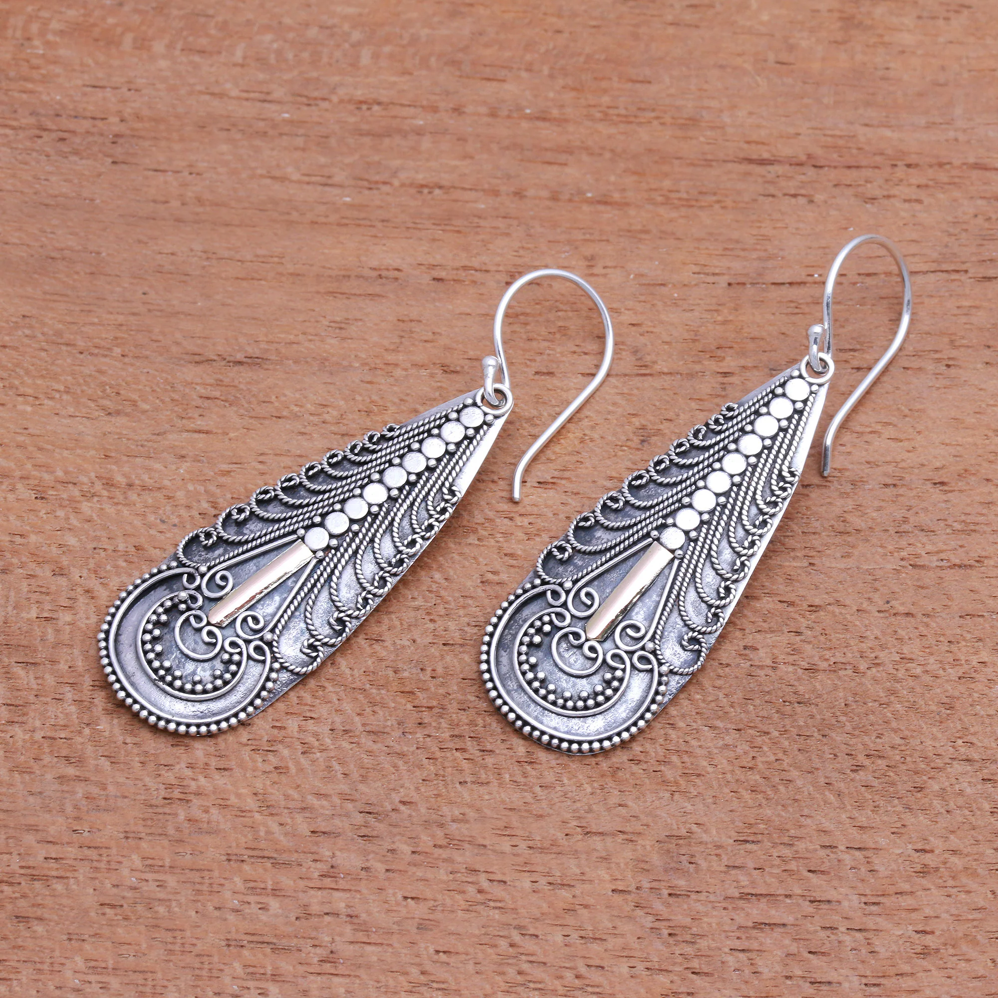 Balinese Culture Handmade Gold Accented Sterling Silver Dangle Earrings - Image 4