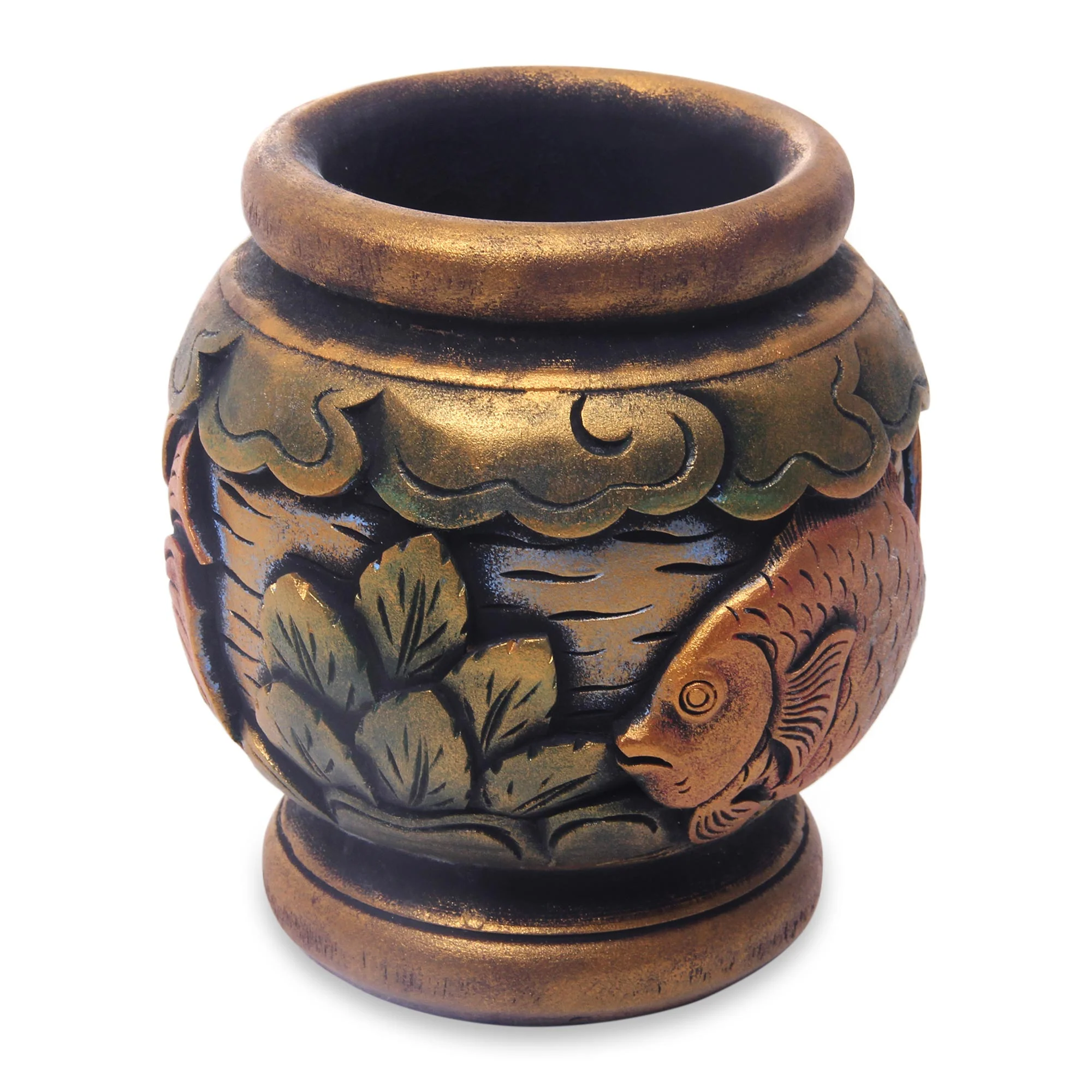 Balinese Goldfish Five Inch Hand Carved Gilded Mahogany Decorative Vase - Image 3