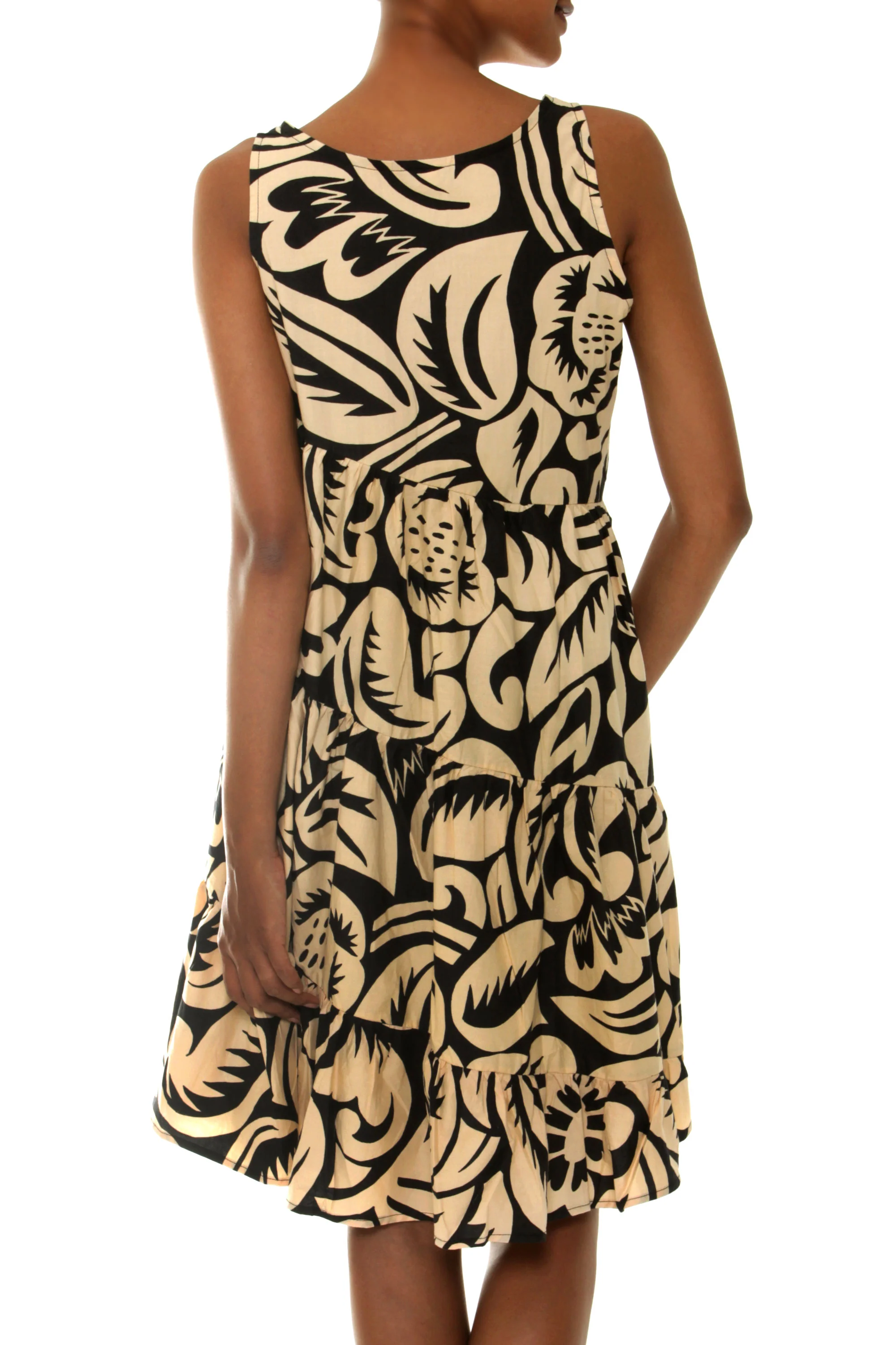 Balinese Shadow Batik Cotton Knee Length Dress in Pale Yellow - Image 3
