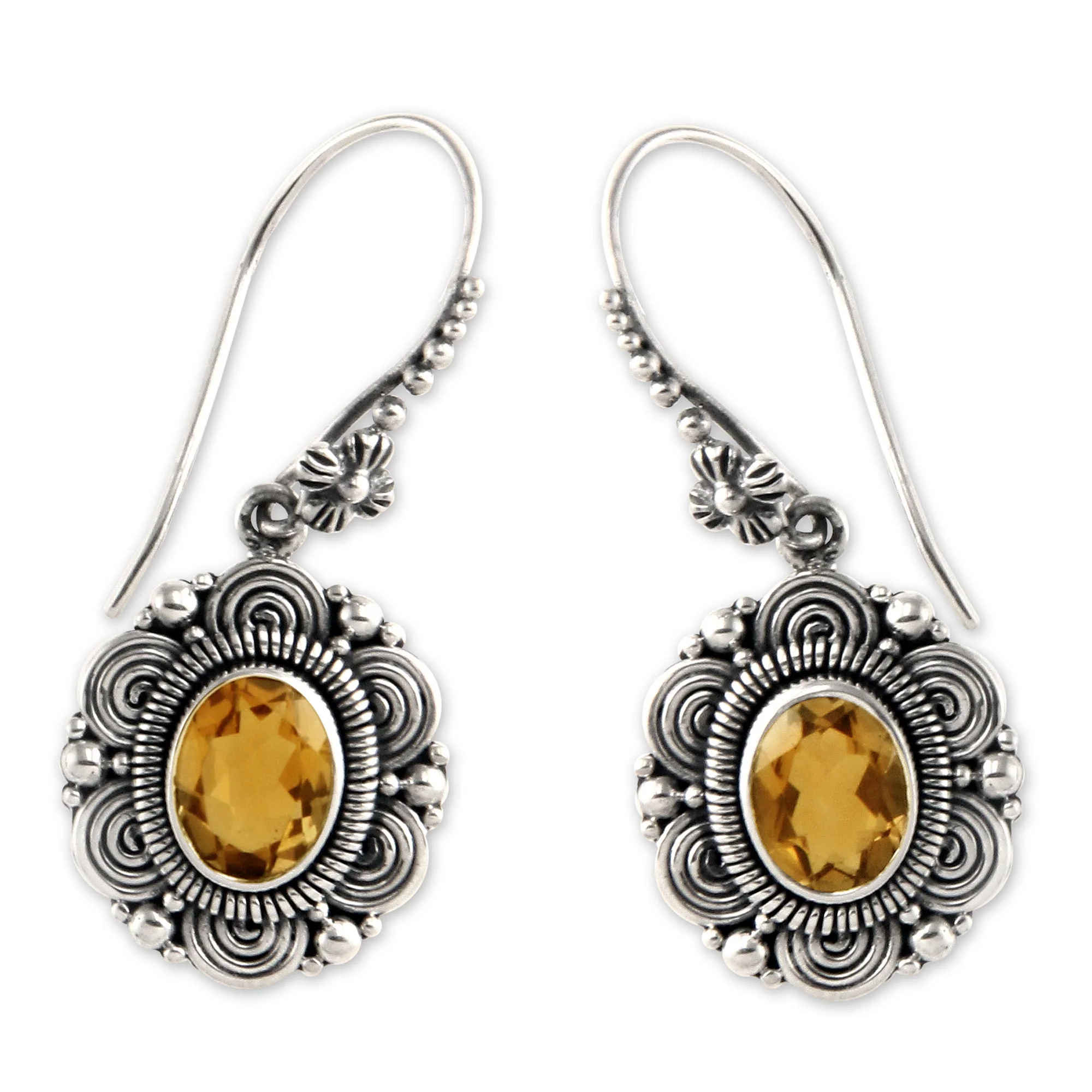 Balinese Sunflower Floral Sterling Silver and Citrine Dangle Earrings - Image 2