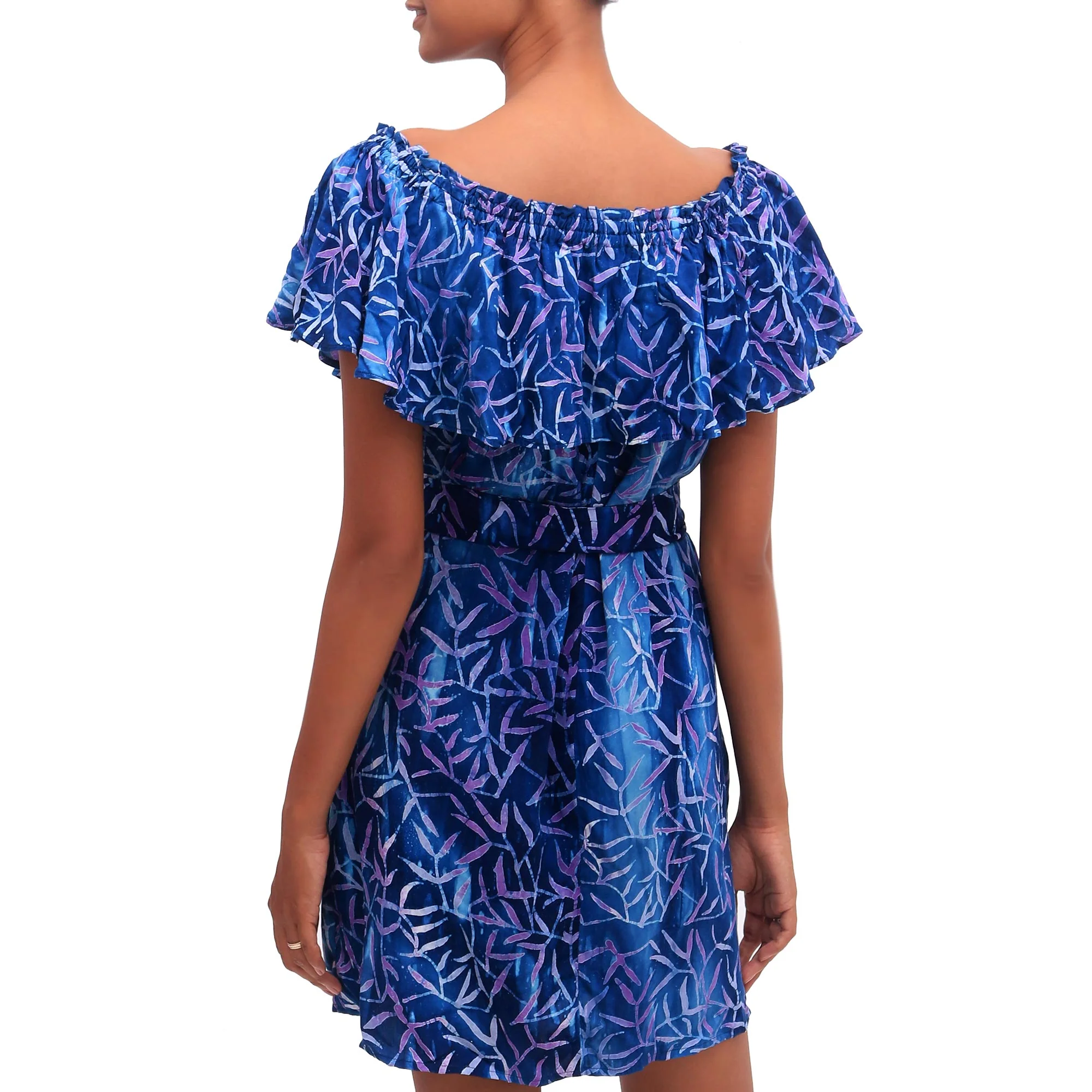 Bamboo Batik Blue and Purple Bamboo Motif Batik Rayon Short-Sleeve Dress - Image 4