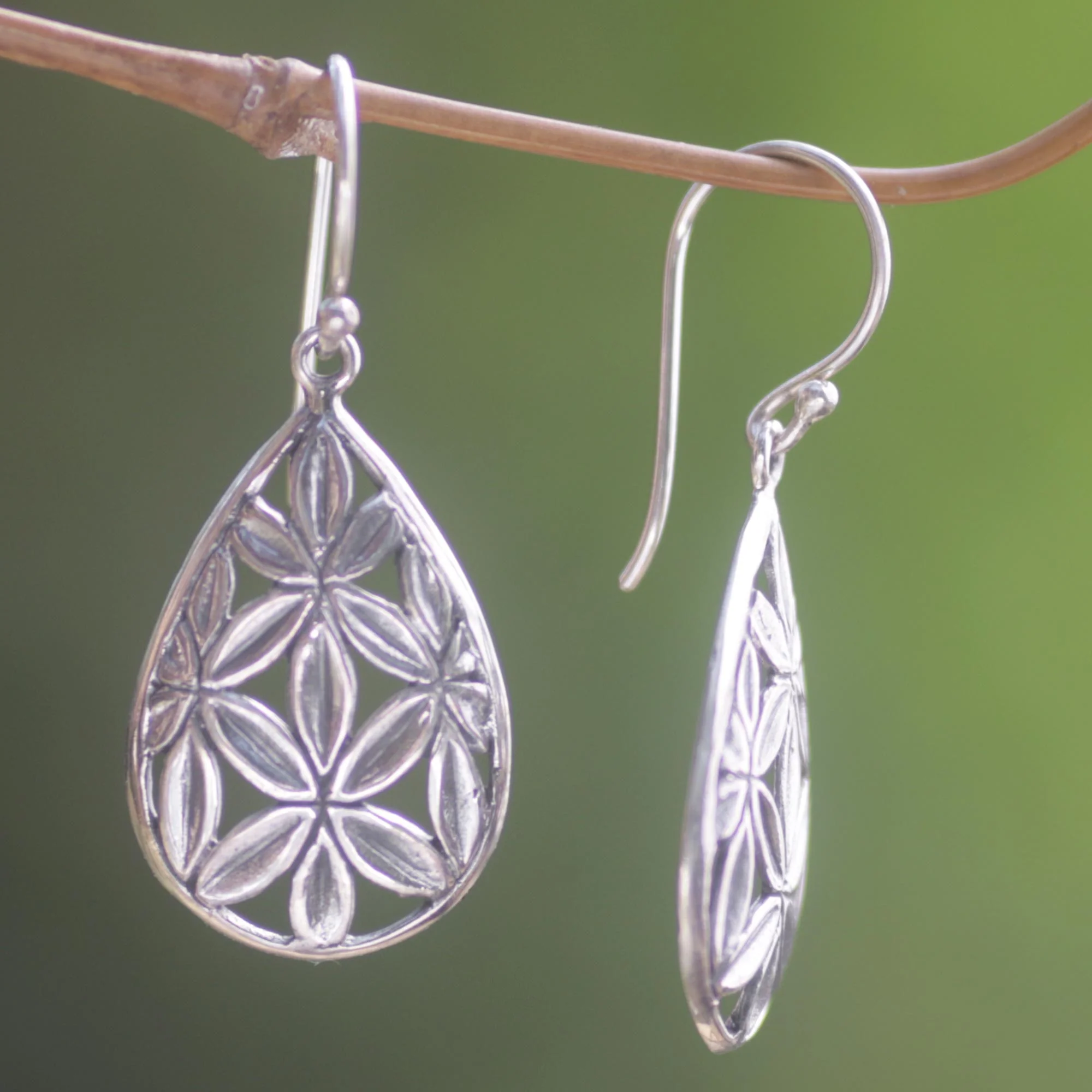Bamboo Canopy Hand Made Sterling Silver Dangle Earrings Leaf Indonesia - Image 3