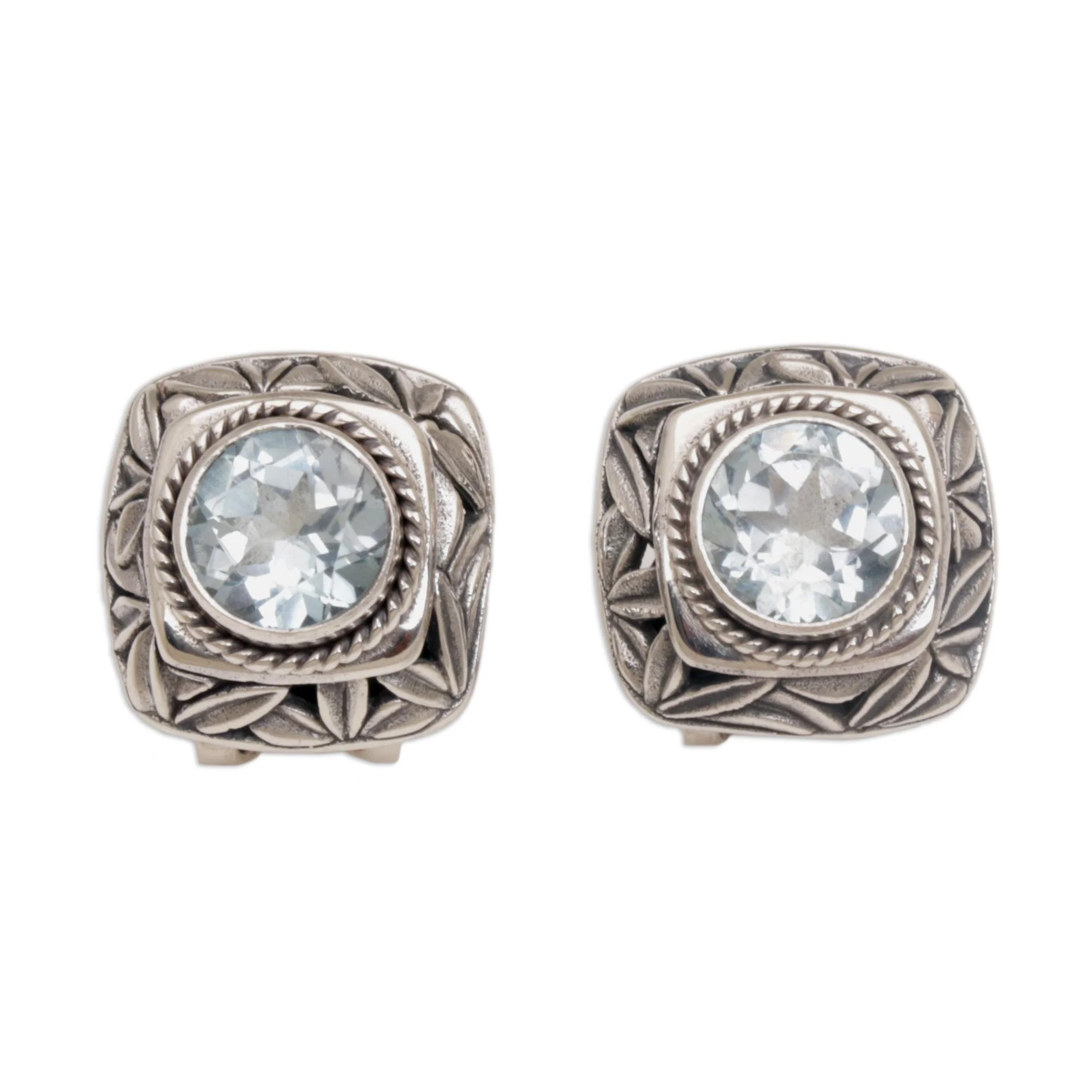 Bamboo Shade Blue Topaz and Sterling Silver Button Earrings from Bali - Image 2