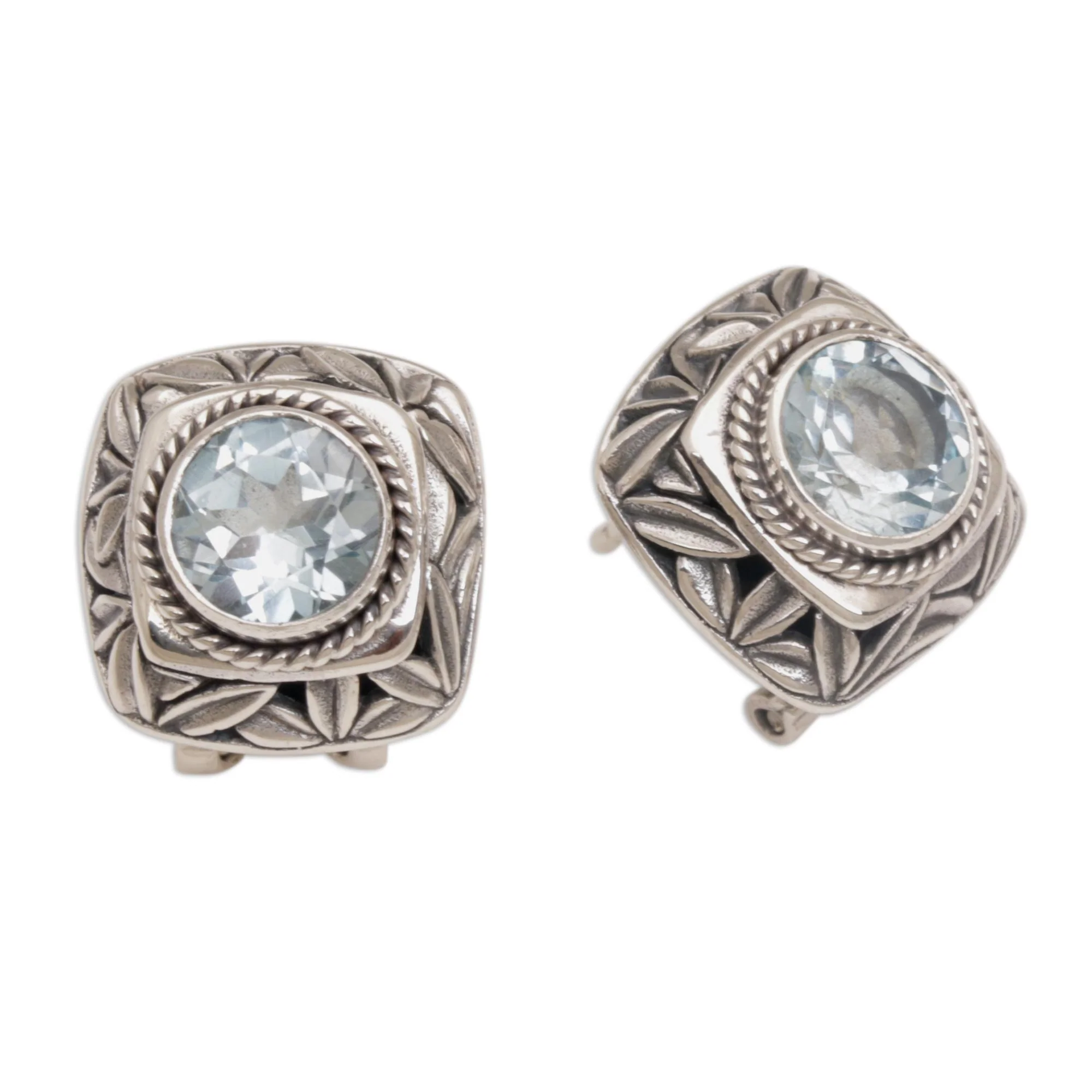 Bamboo Shade Blue Topaz and Sterling Silver Button Earrings from Bali - Image 5