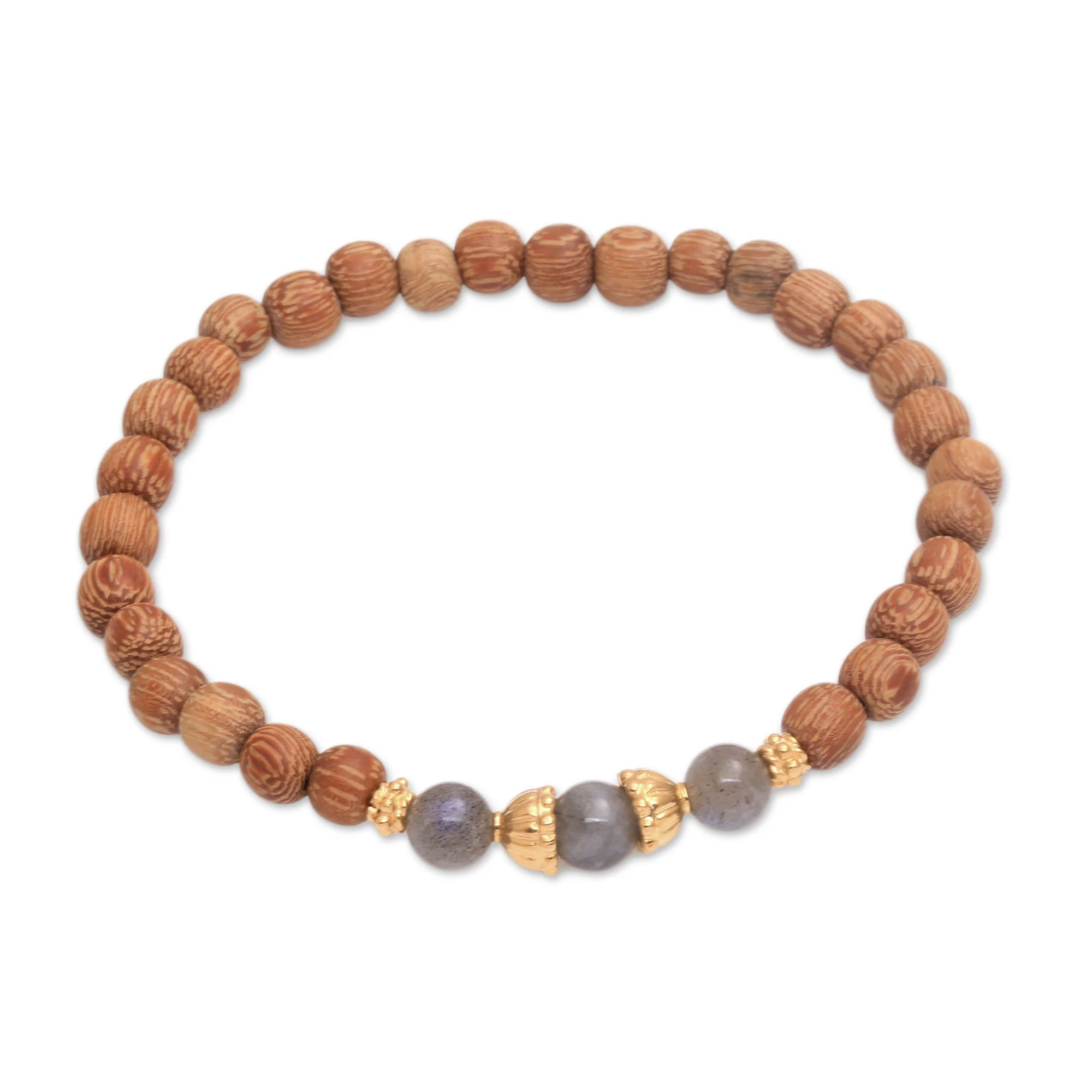 Batuan Harmony Coconut Wood and Labradorite Beaded Stretch Bracelet - Image 2