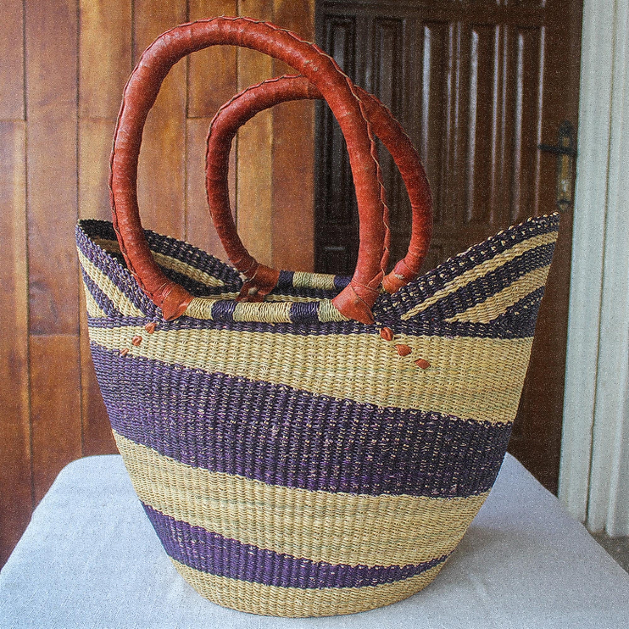 Bawku Blue-Violet Artisan Crafted Purple Striped Raffia Basket Tote Bag - Image 3